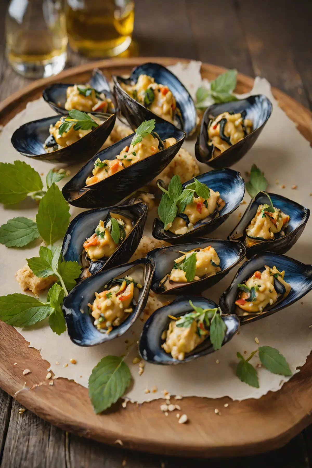 Grilled Mussels with Parsnip Puree and Crispy Sage