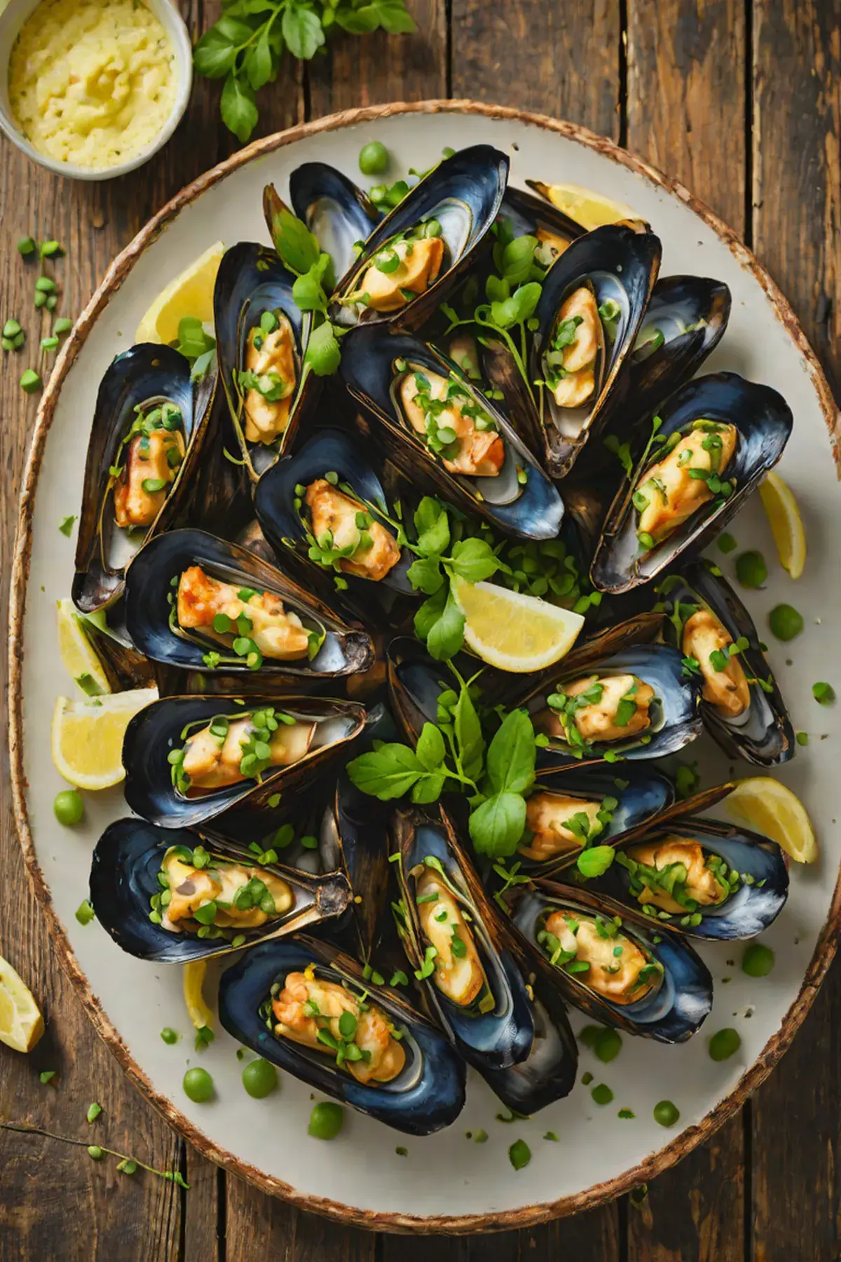 Grilled Mussels with Pea and Garlic Butter