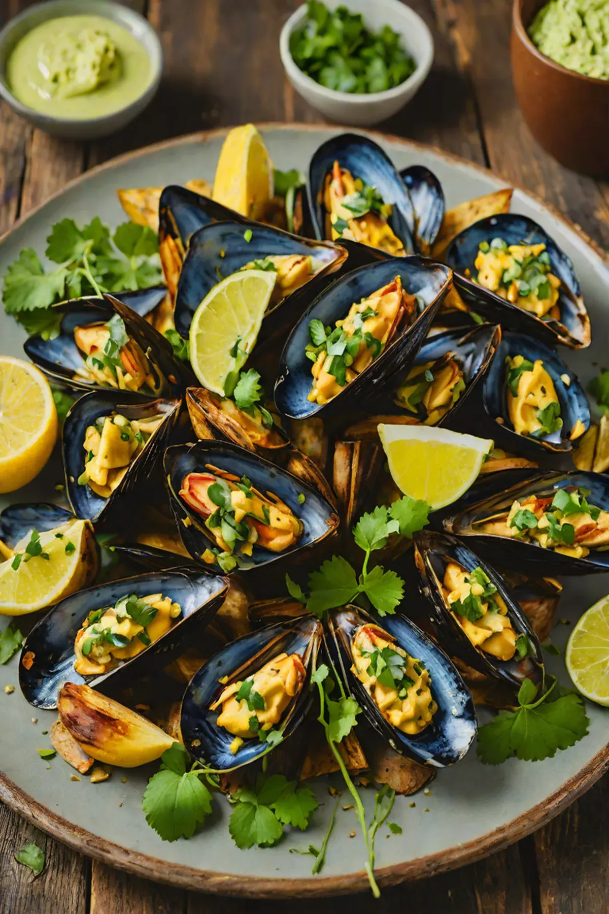 Grilled Mussels with Plantain and Cilantro-Lime Butter