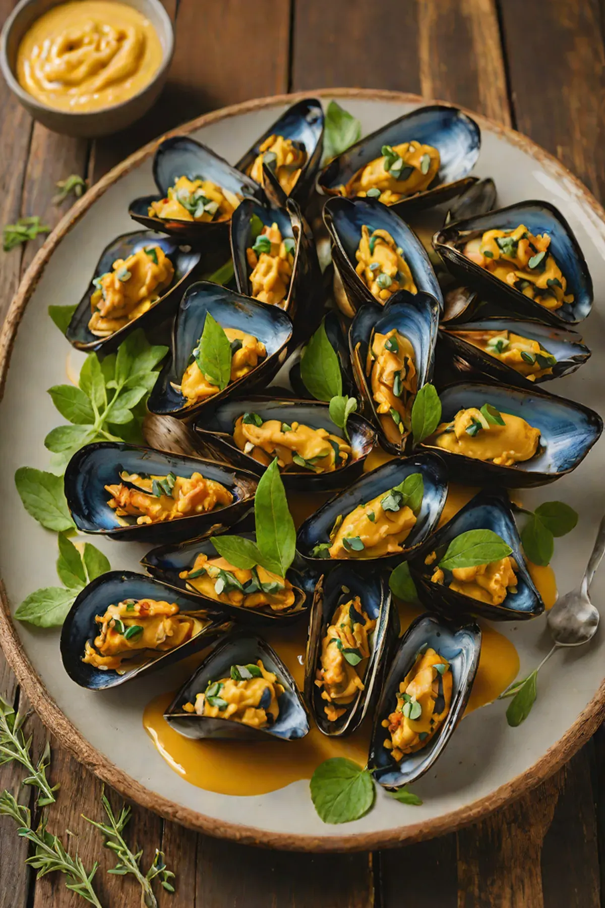 Grilled Mussels with Pumpkin Puree and Sage Brown Butter