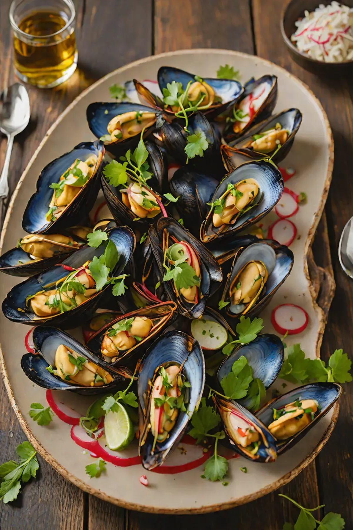 Grilled Mussels with Radish and Charred Scallion Vinaigrette