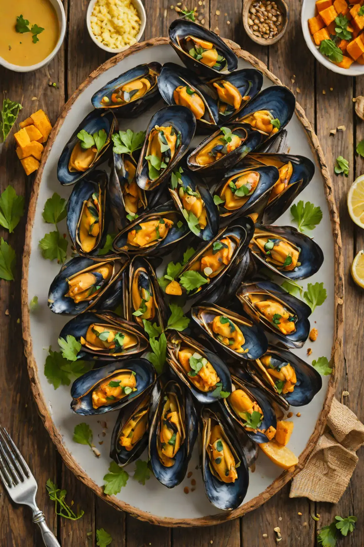 Grilled Mussels with Sweet Potato and Charred Garlic Butter