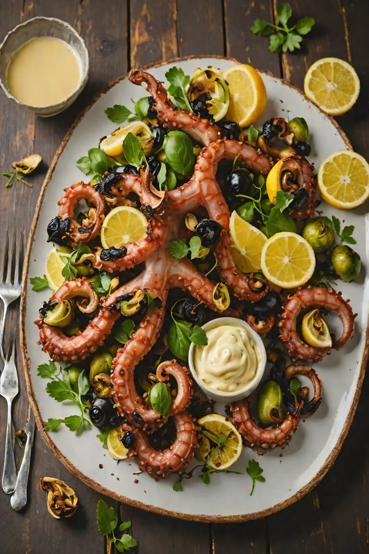 Grilled Octopus with Crispy Brussels Sprouts and Charred Lemon Aioli