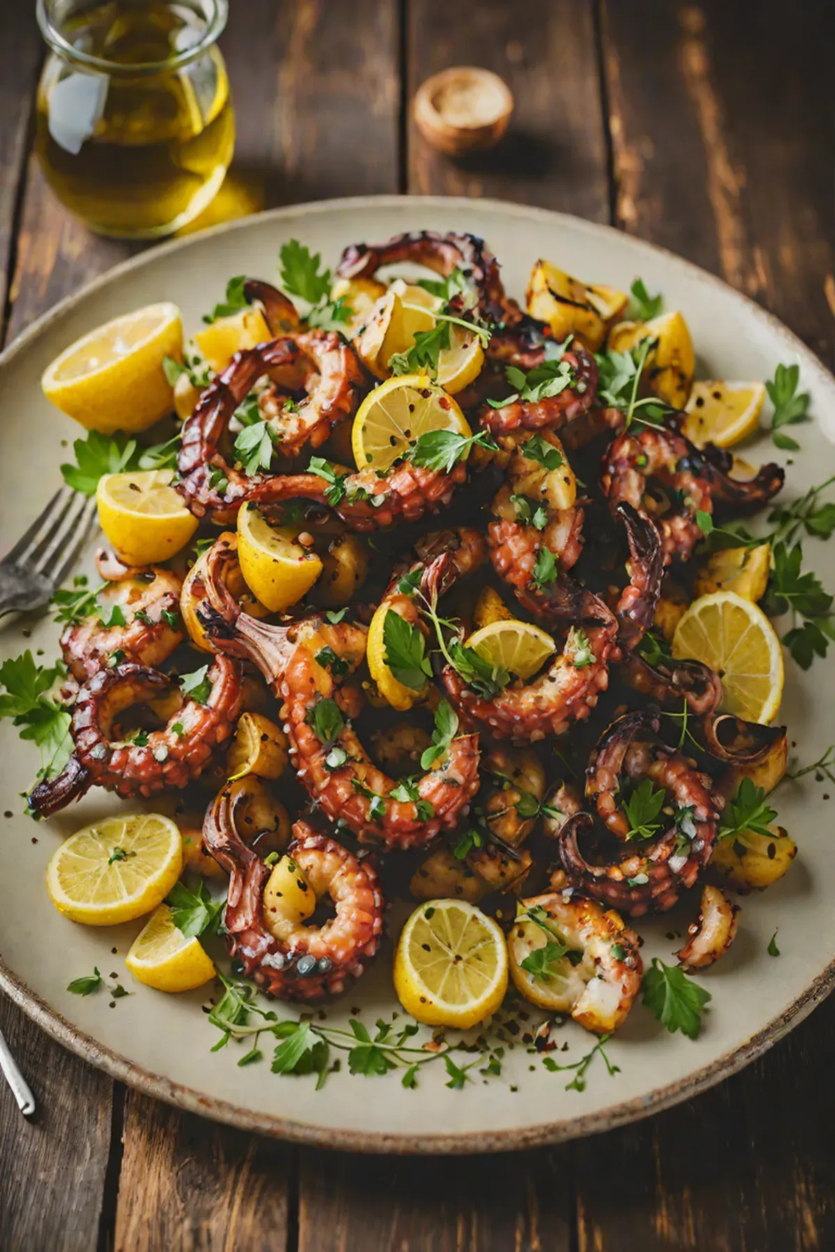 Grilled Octopus with Crispy Roasted Potatoes and Lemon-Herb Oil