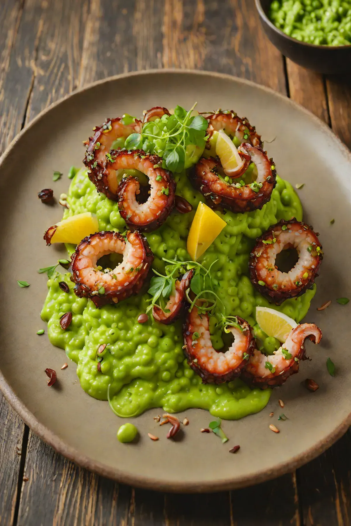 Grilled Octopus with Pea Puree and Crispy Garlic