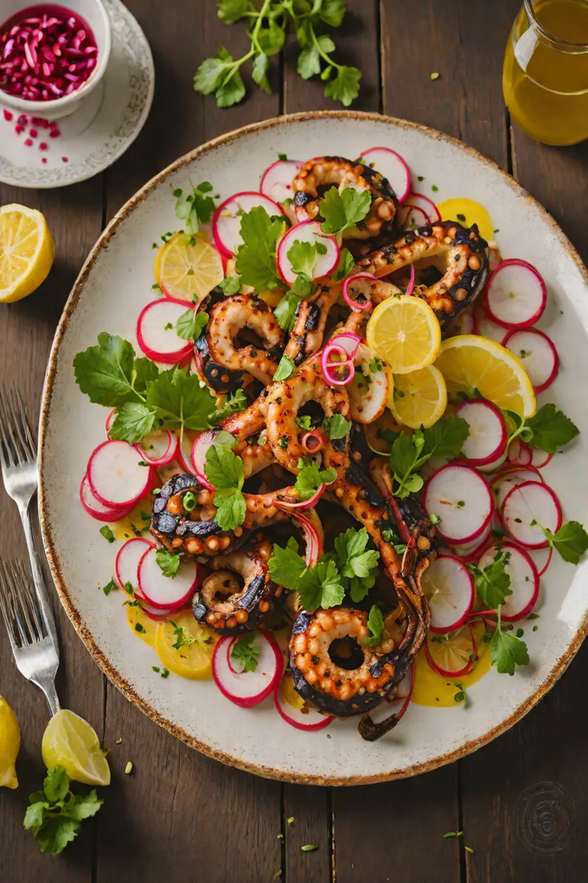 Grilled Octopus with Radish and Charred Lemon Vinaigrette
