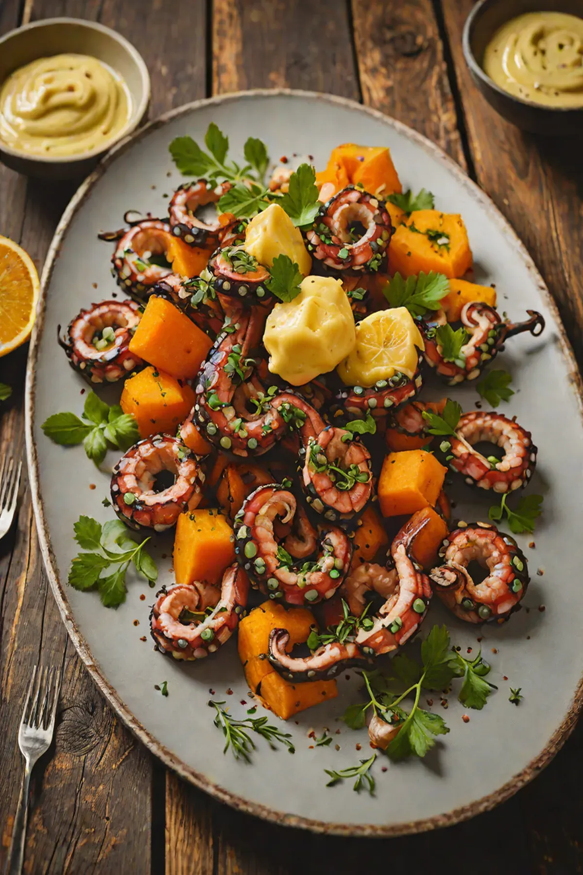 Grilled Octopus with Sweet Potato and Charred Citrus Aioli