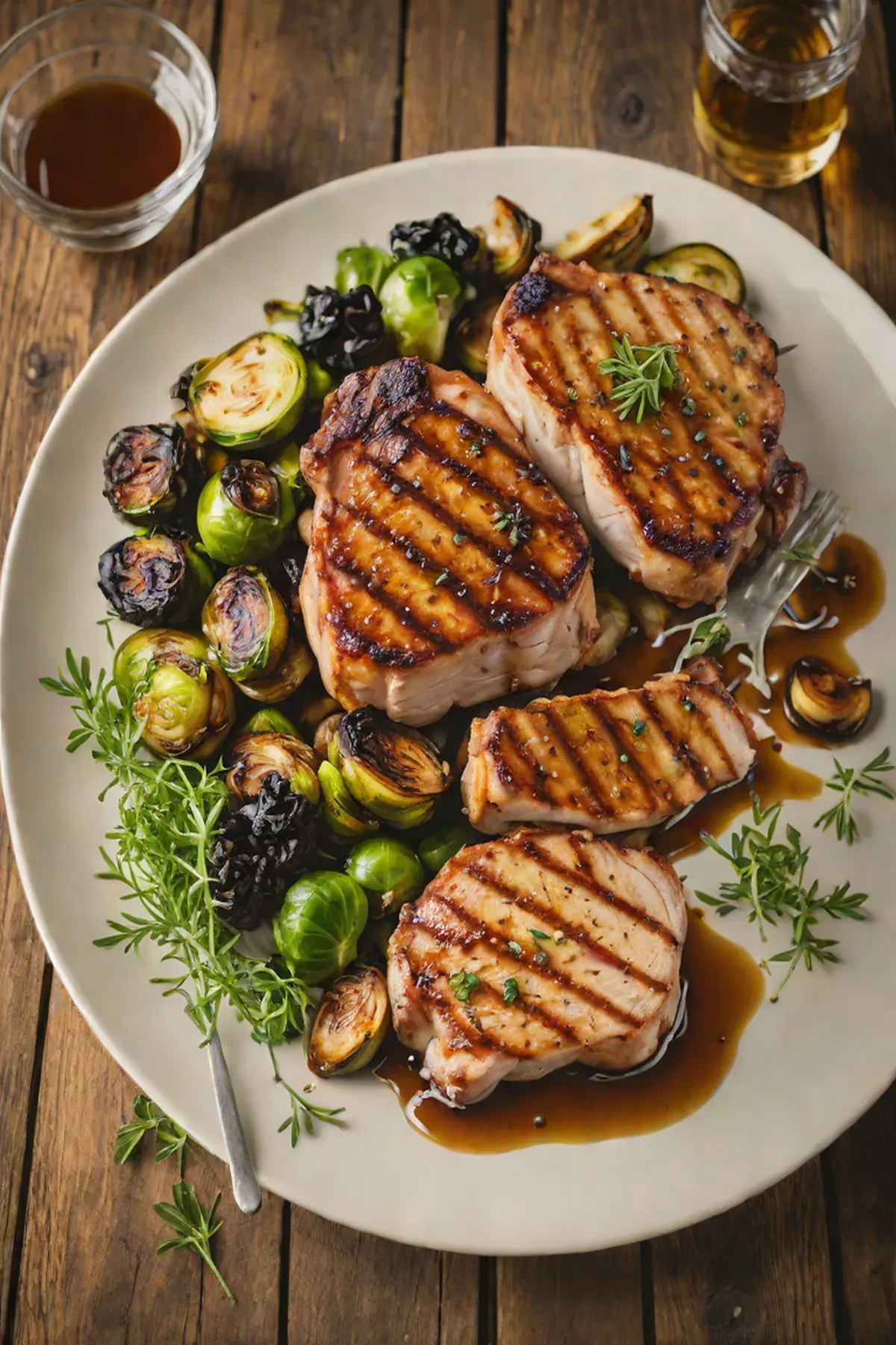 Grilled Pork Chops with Caramelized Brussels Sprouts and Apple Gastrique