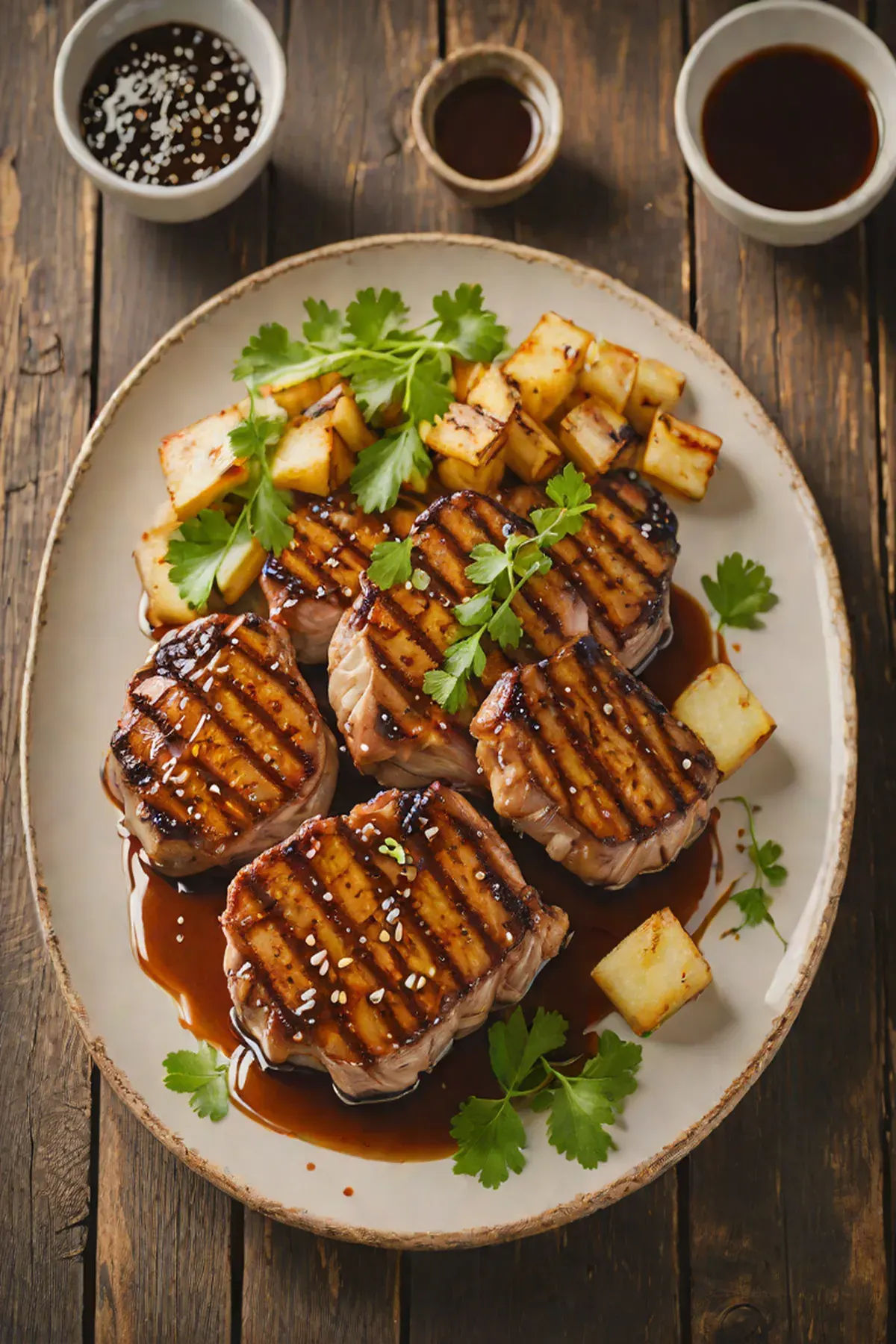 Grilled Pork Chops with Caramelized Daikon and Ginger Glaze