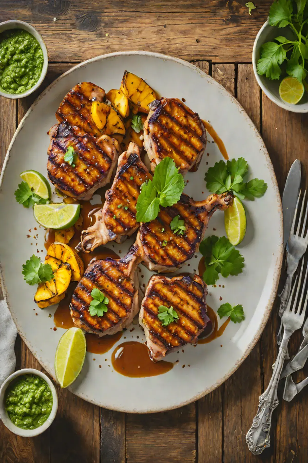 Grilled Pork Chops with Caramelized Plantain and Cilantro-Lime Sauce