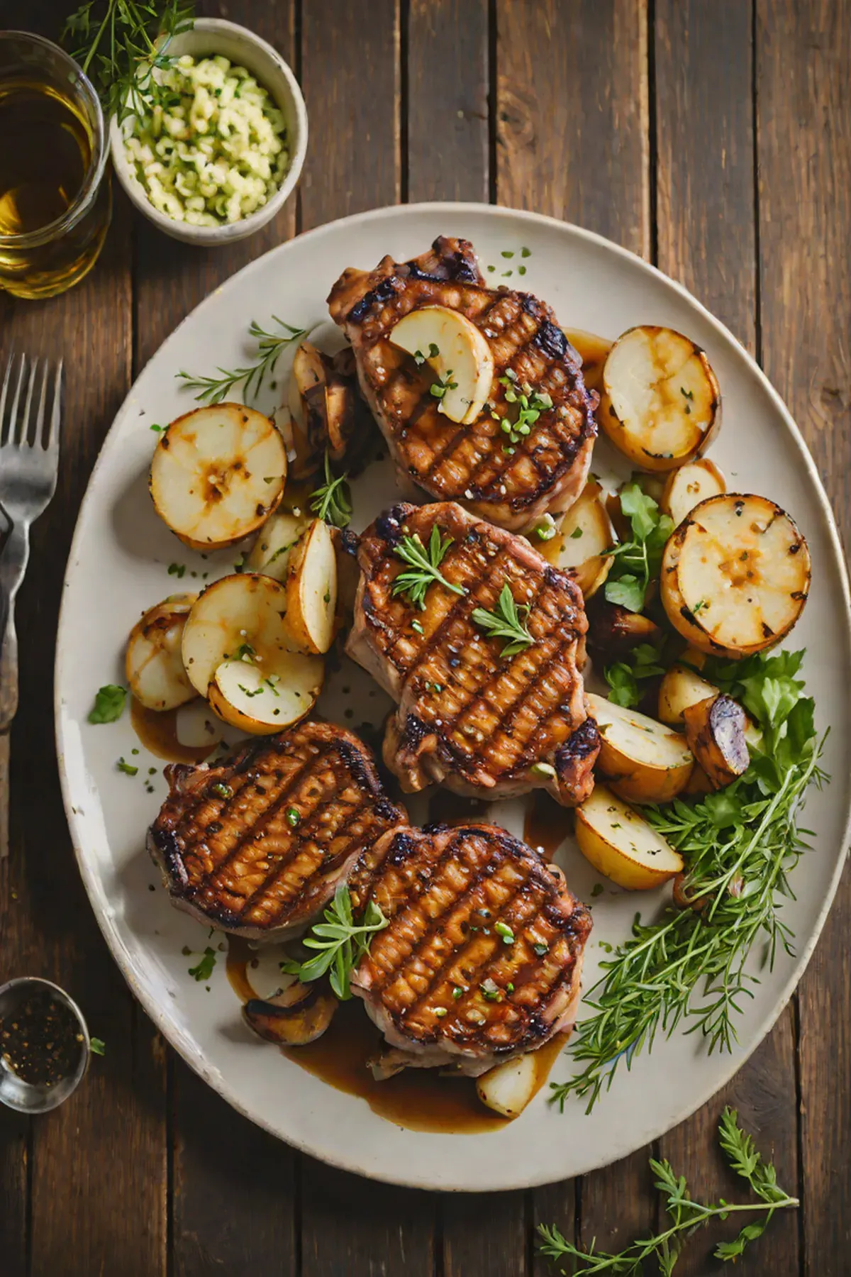 Grilled Pork Chops with Caramelized Turnips and Herb Butter