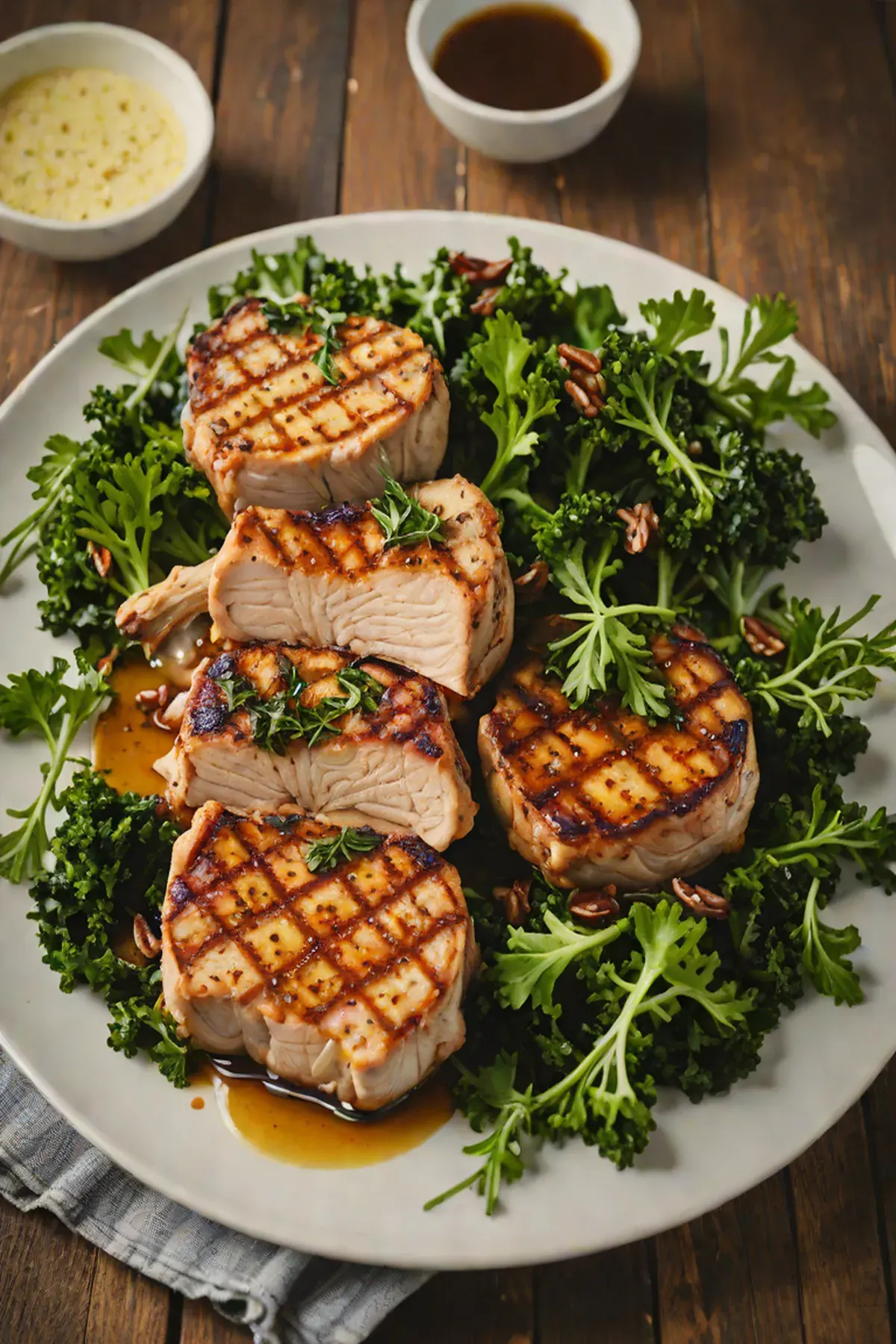 Grilled Pork Chops with Crispy Garlic Kale
