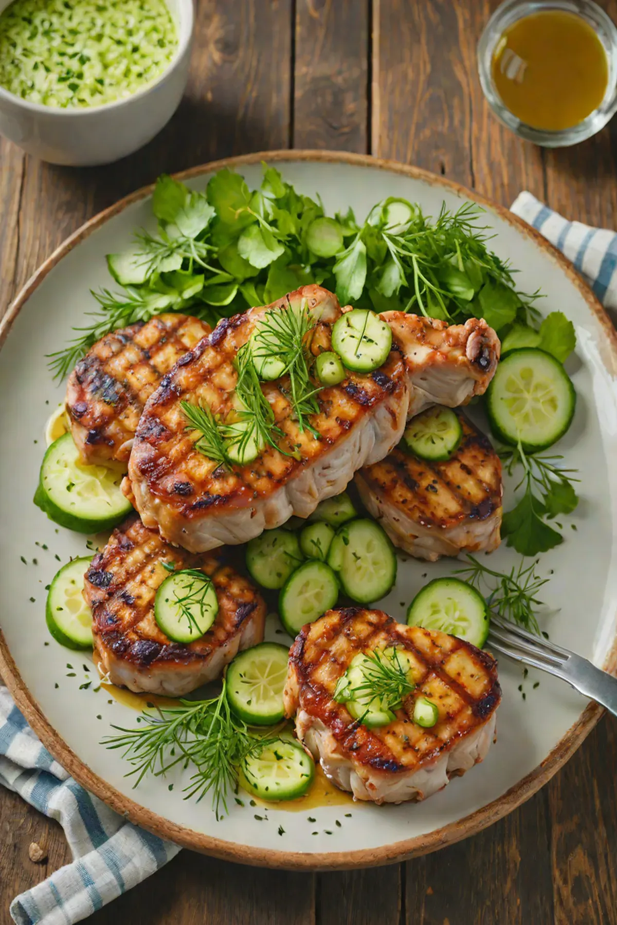 Grilled Pork Chops with Cucumber and Dill Salad
