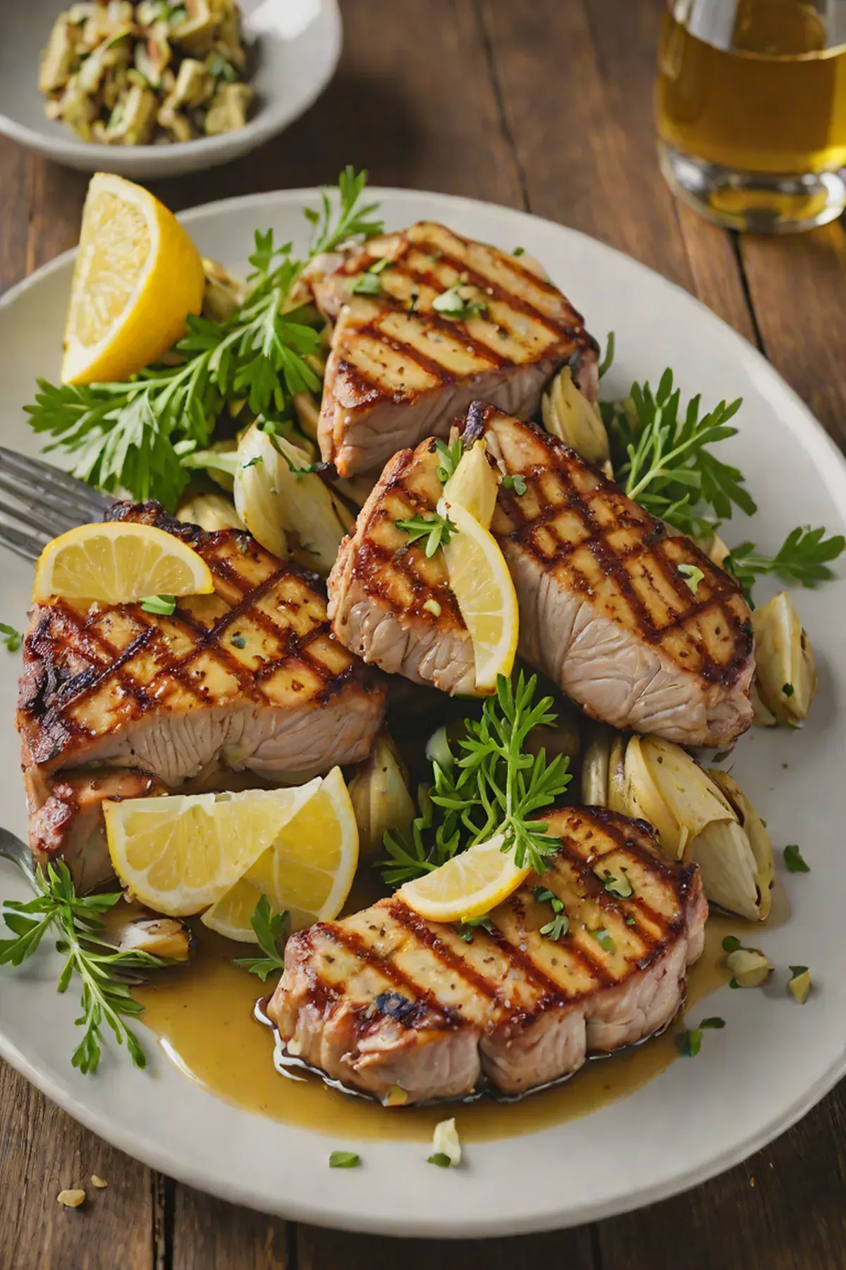Grilled Pork Chops with Garlic Artichoke Hearts