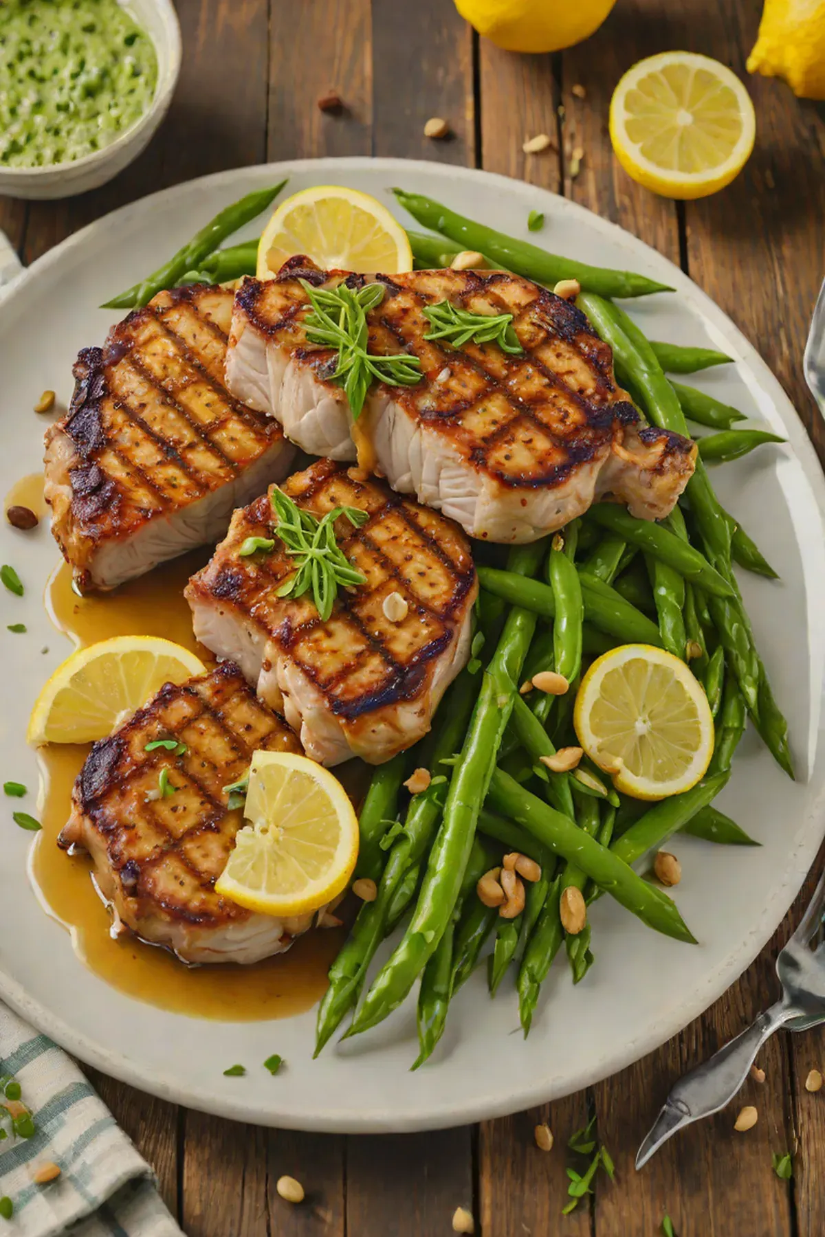 Grilled Pork Chops with Garlic Green Beans and Lemon Butter