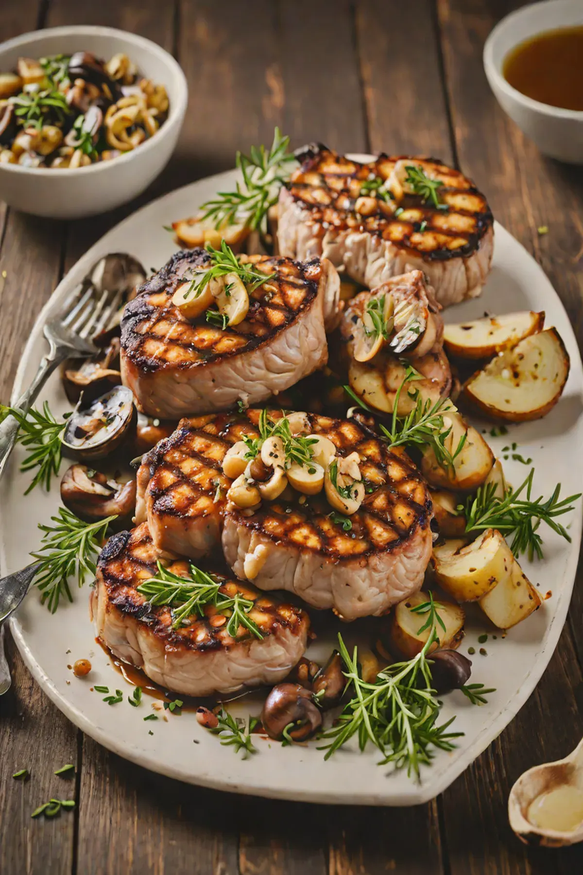 Grilled Pork Chops with Garlic Mushroom Medley