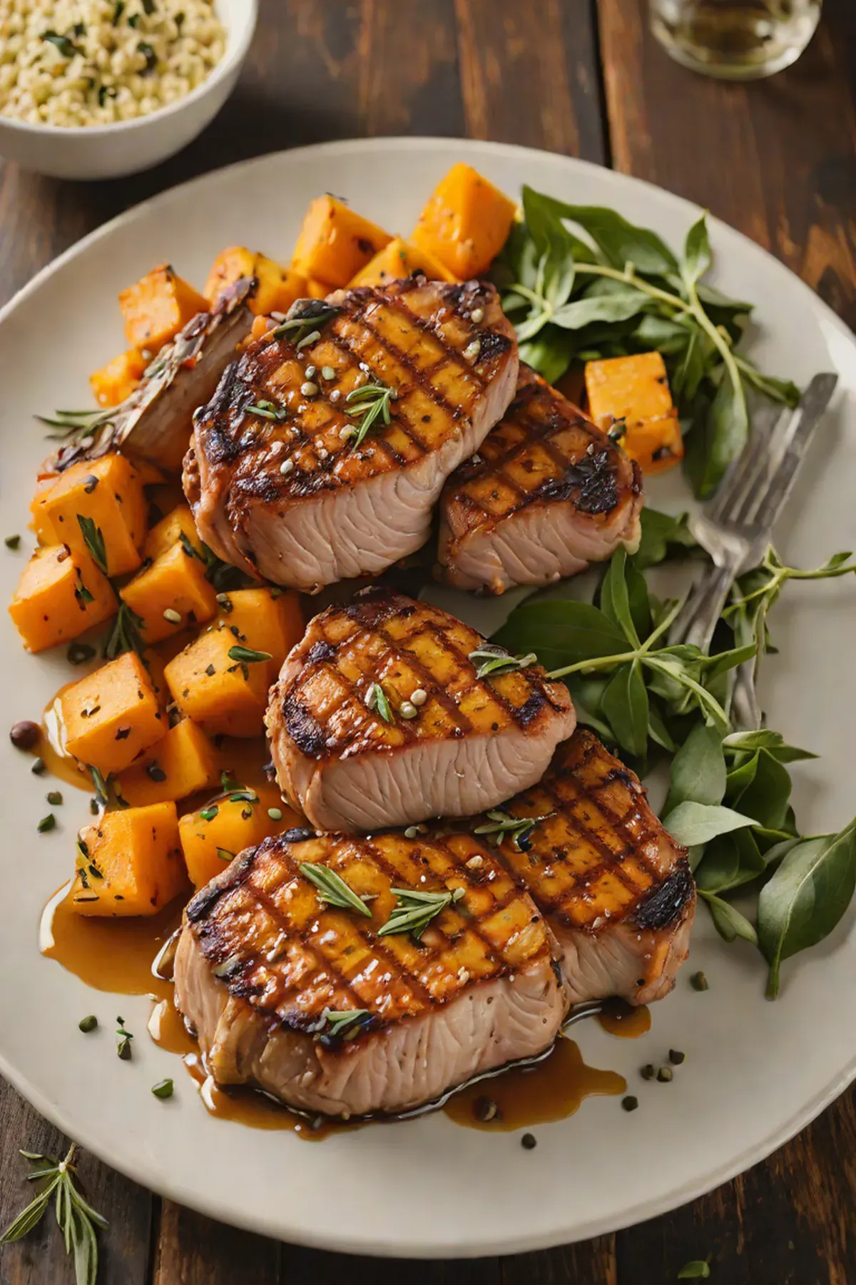 Grilled Pork Chops with Roasted Pumpkin and Sage Brown Butter