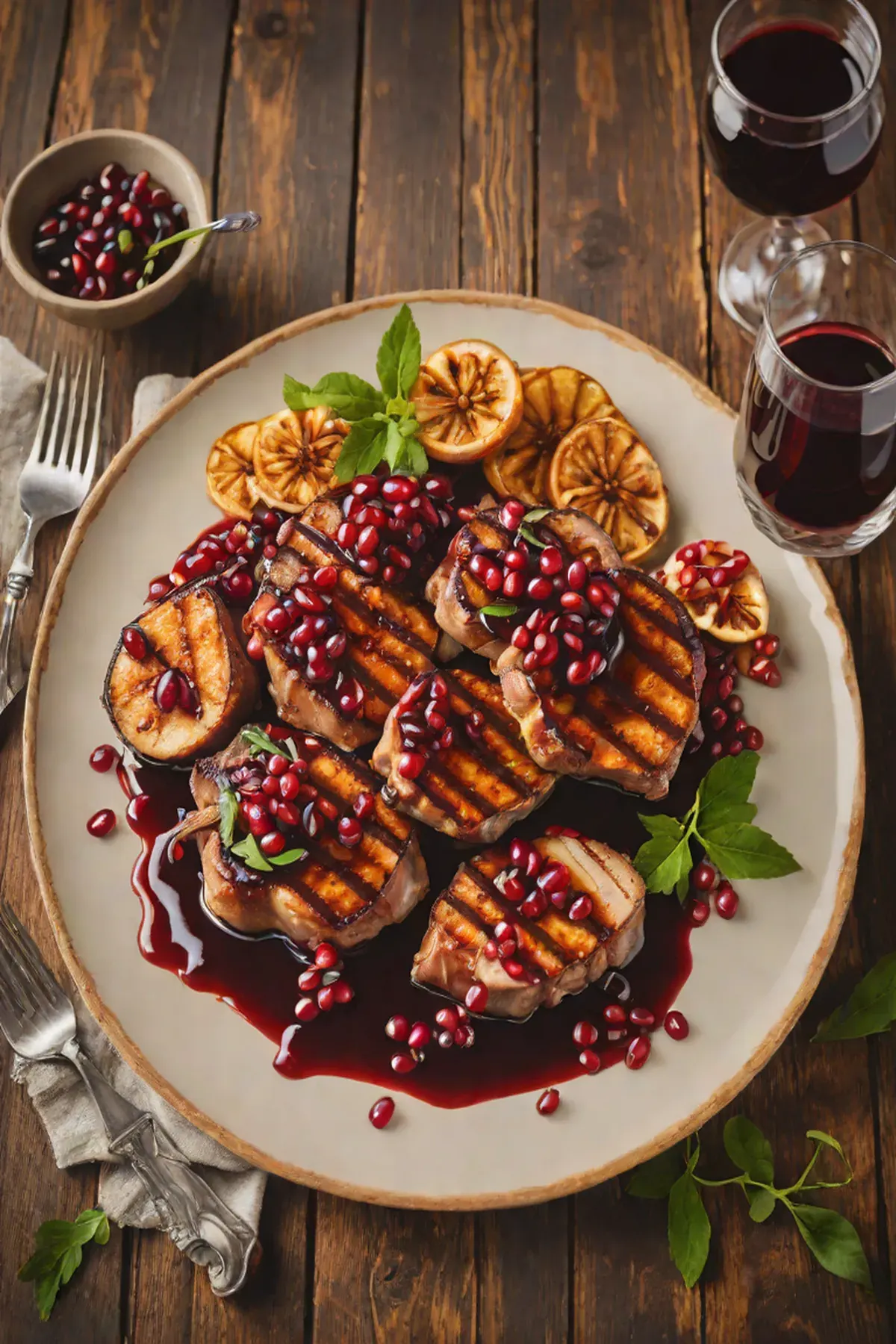 Grilled Pork with Aubergine and Pomegranate Glaze