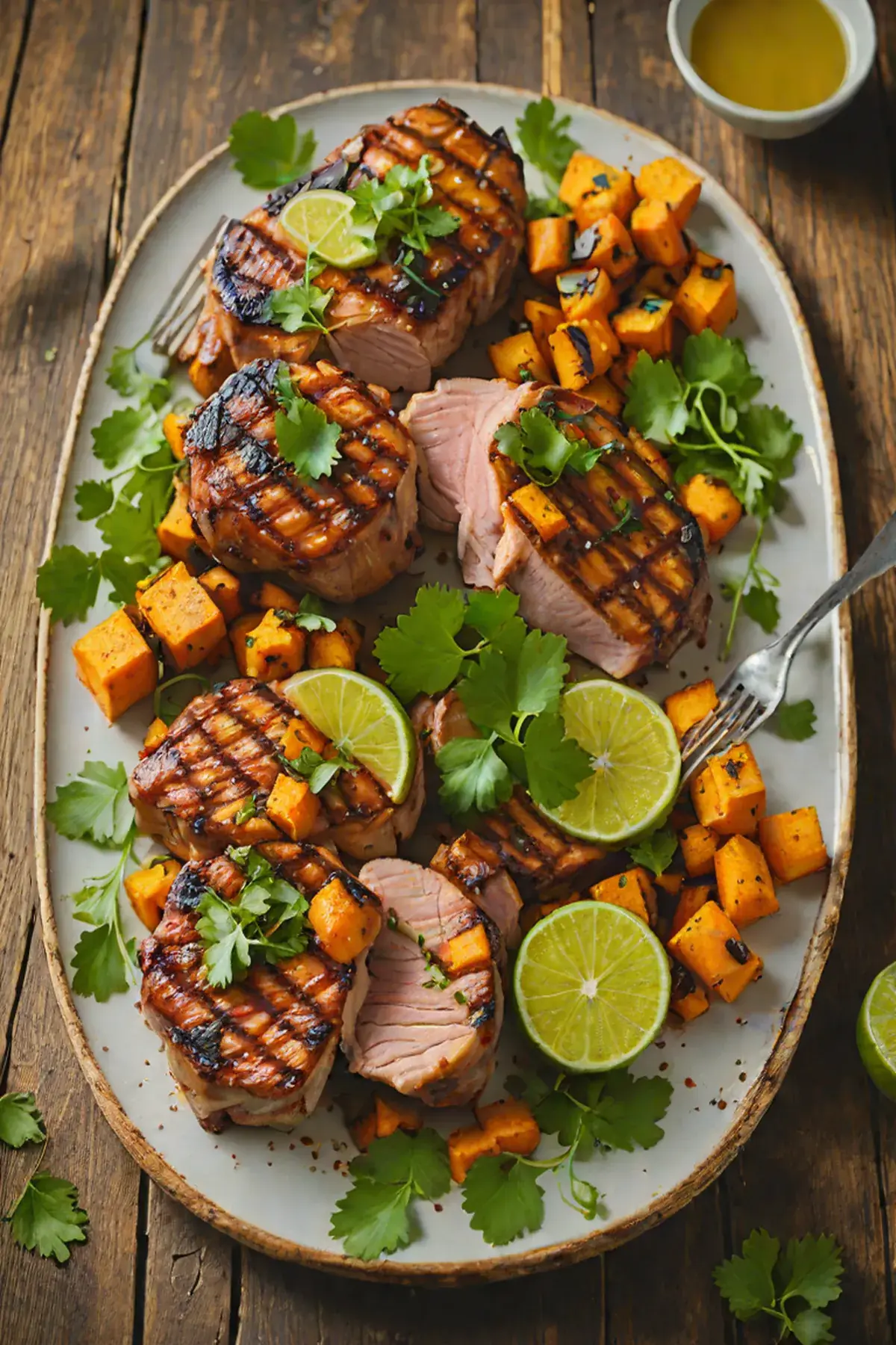 Grilled Pork with Sweet Potato and Cilantro-Lime Glaze