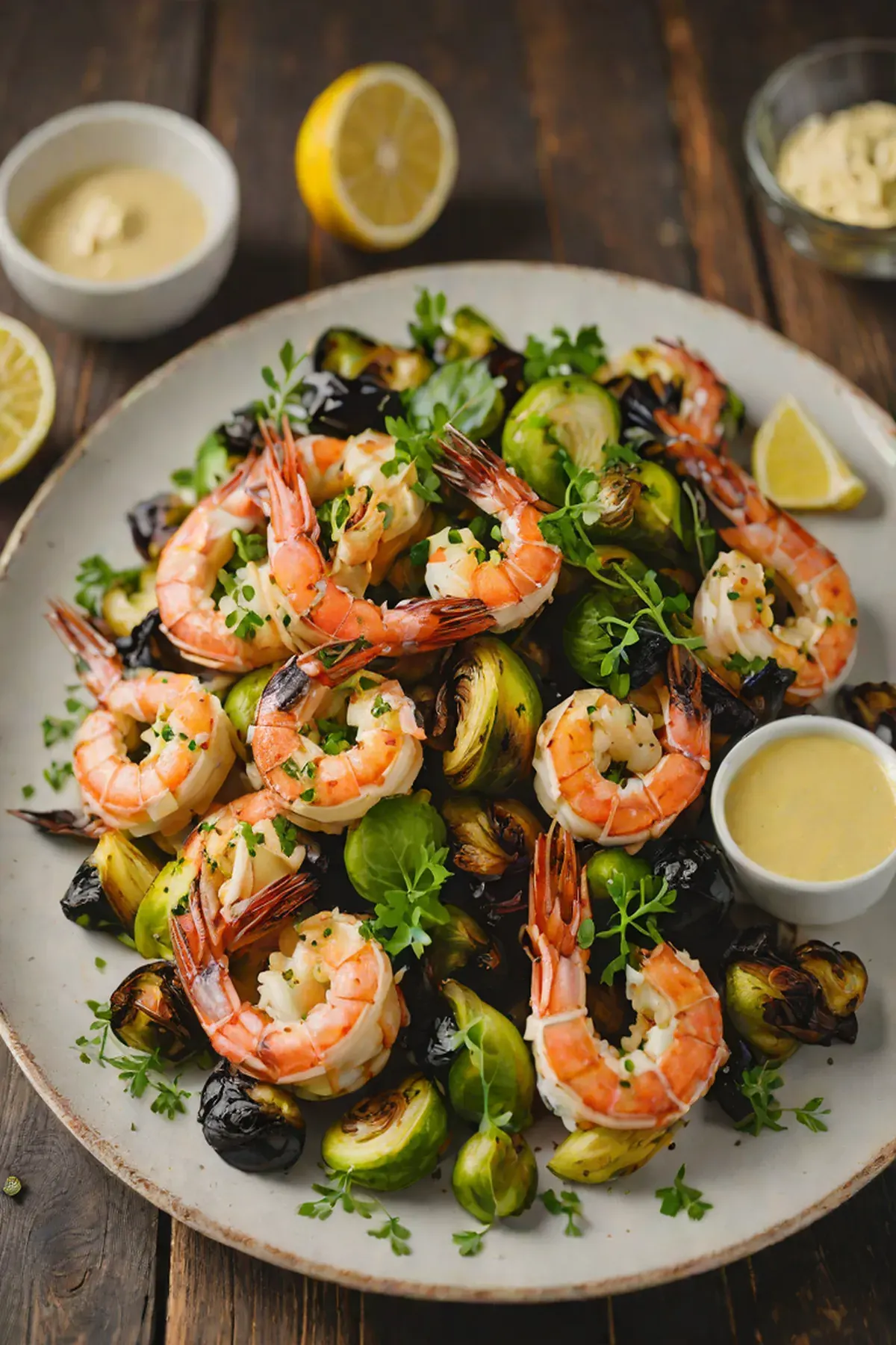 Grilled Prawns with Caramelized Brussels Sprouts and Garlic Aioli