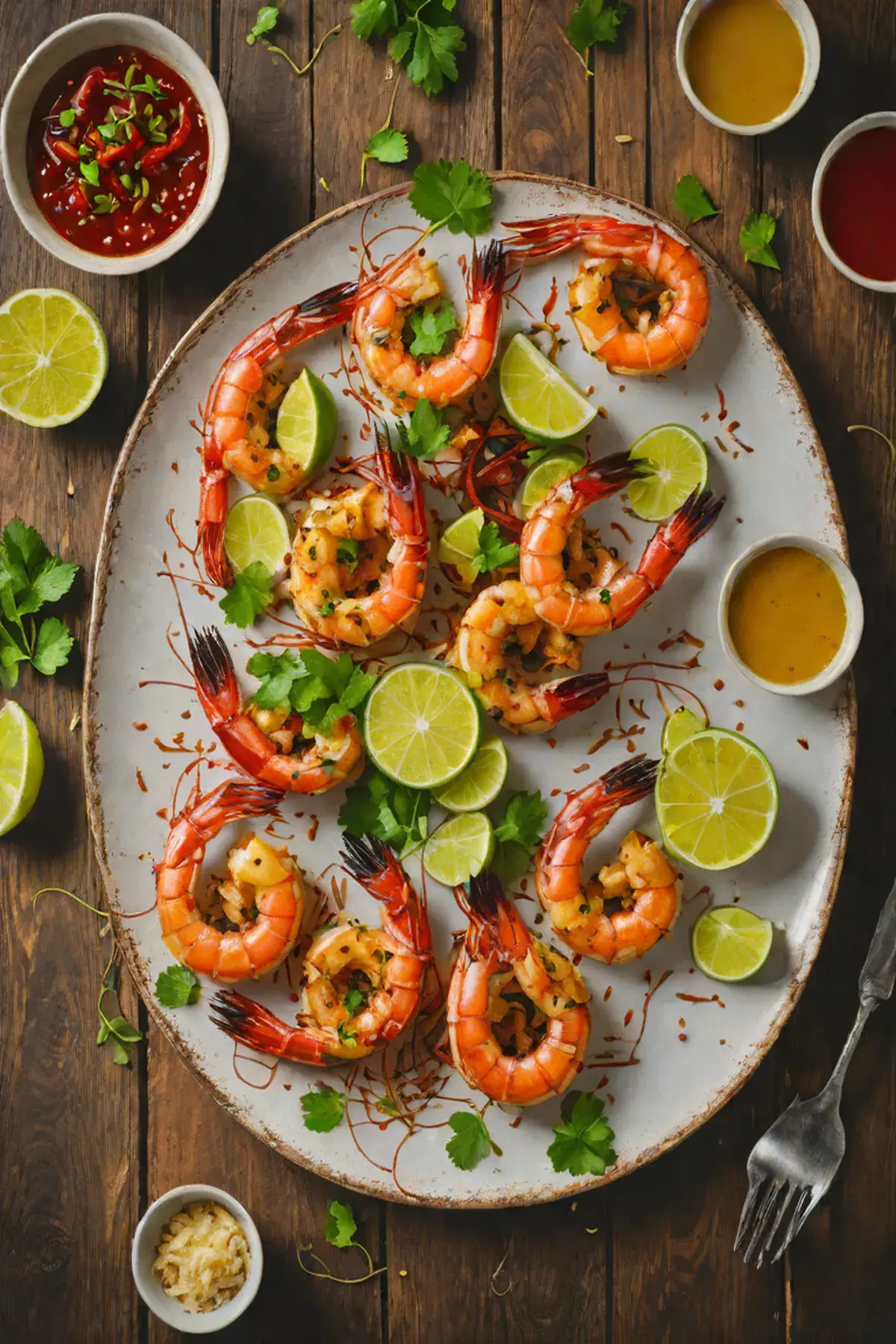 Grilled Prawns with Cassava Root Cake and Chili-Lime Glaze