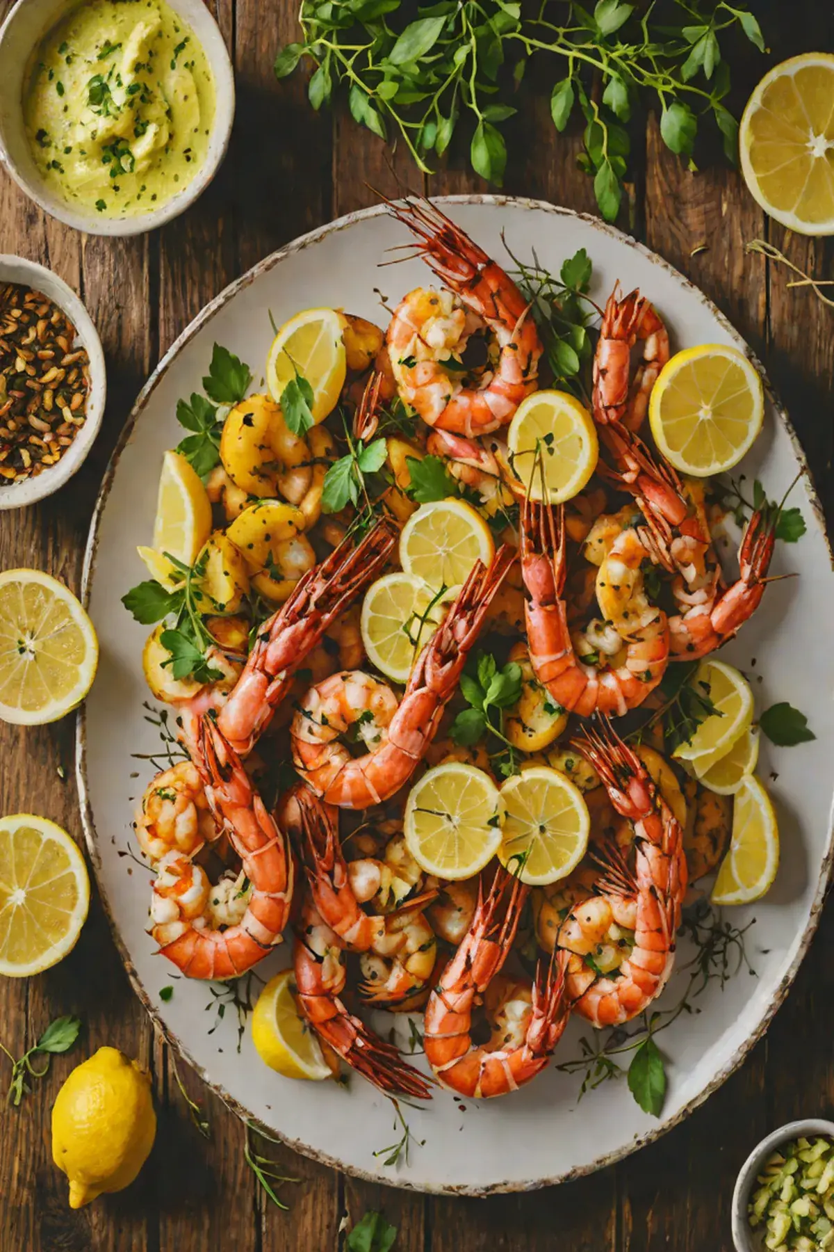 Grilled Prawns with Crispy Garlic Potatoes and Lemon Herb Butter
