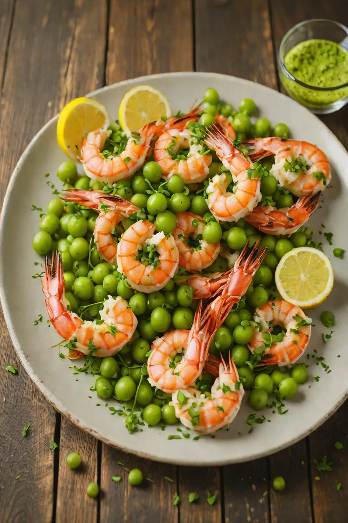 Grilled Prawns with Pea and Garlic Butter Sauce