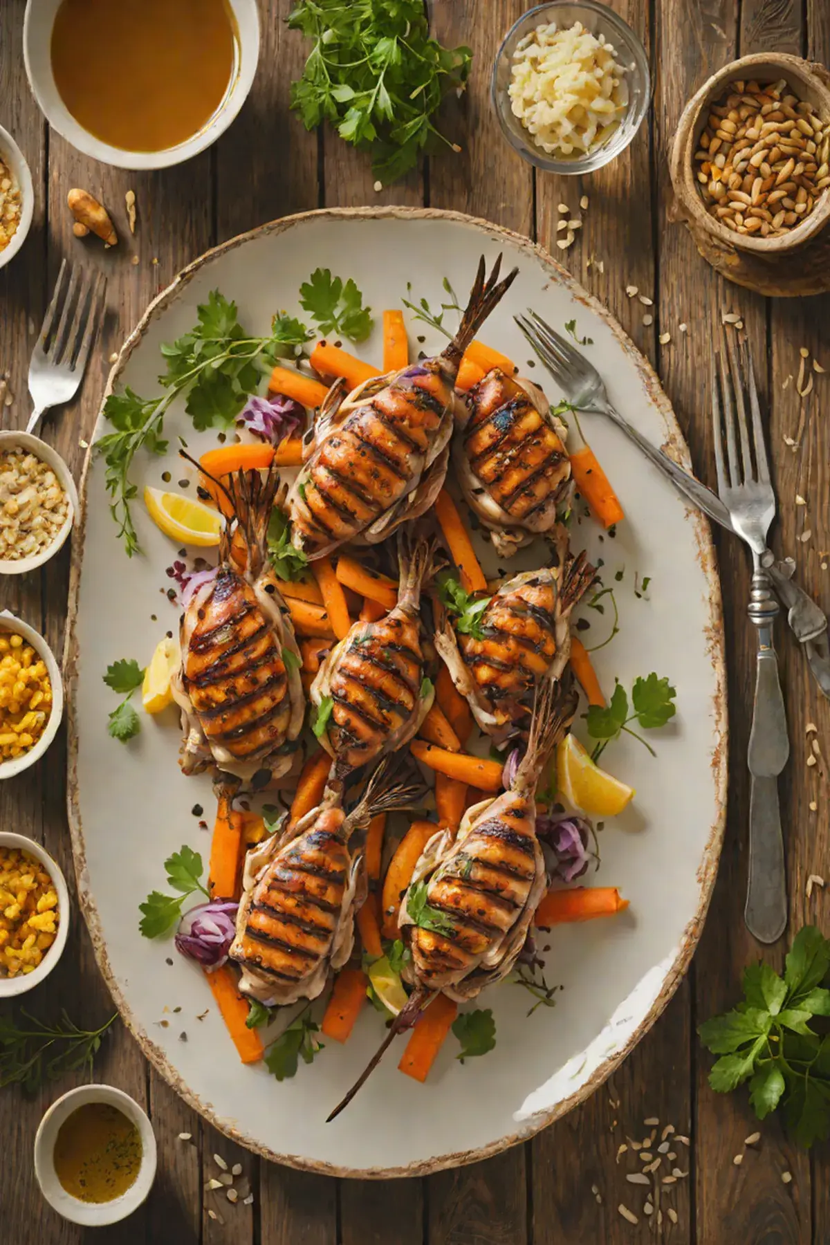 Grilled Quail with Carrot and Herb Skewers