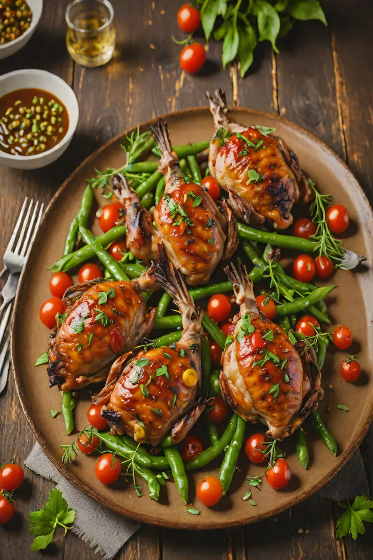 Grilled Quail with Green Beans and Garlic Tomato Sauce