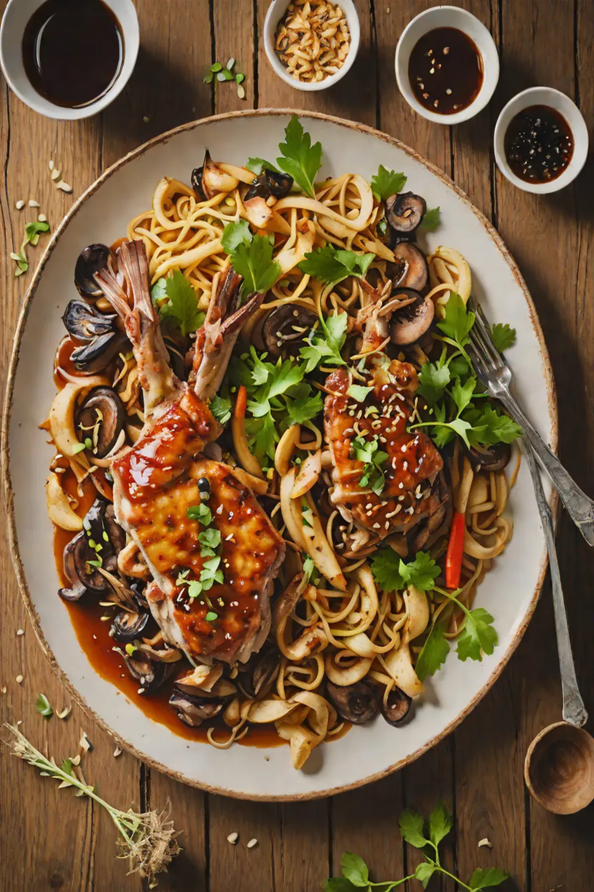 Grilled Rabbit with Bamboo Shoot and Mushroom Stir-Fry