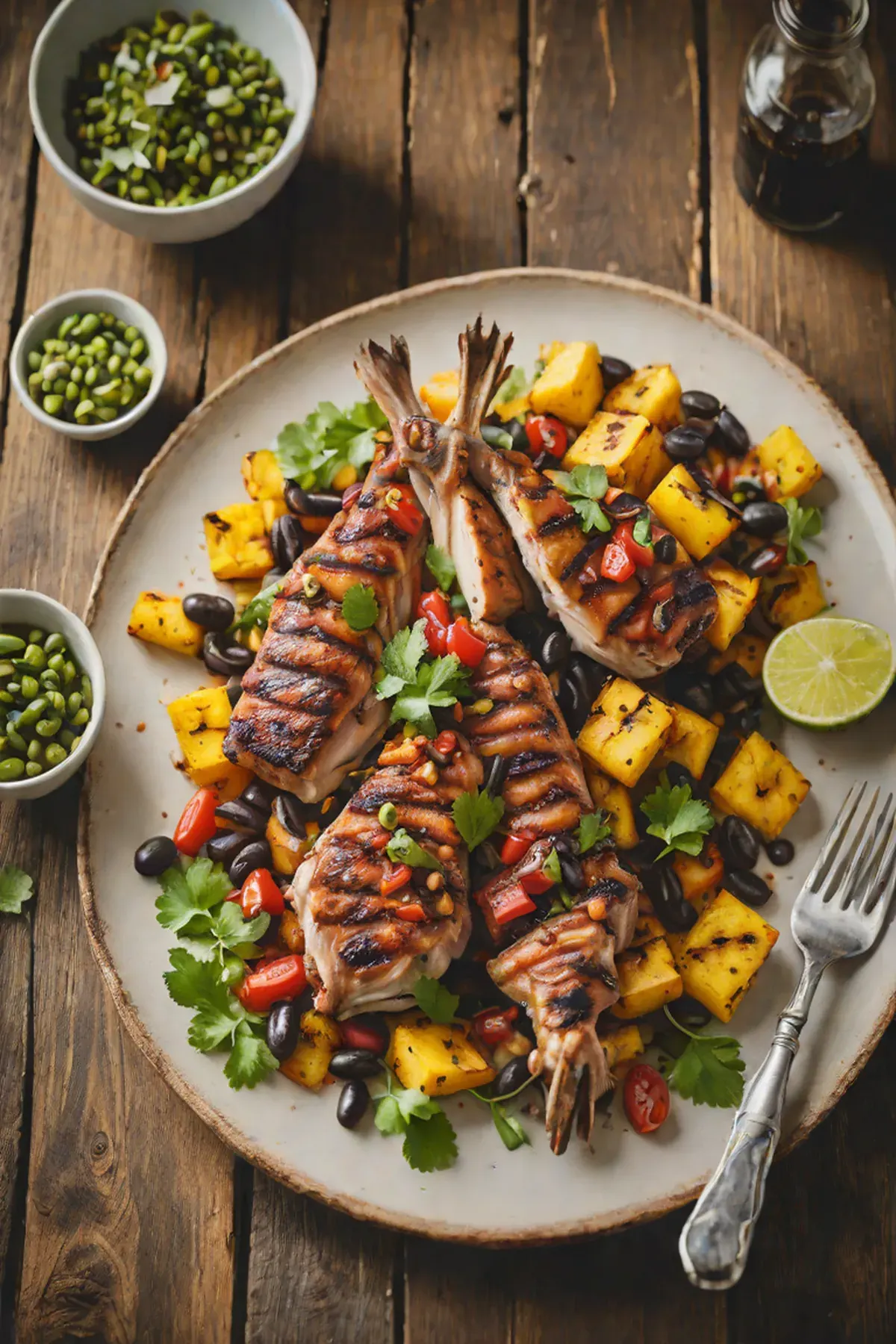 Grilled Rabbit with Plantain and Black Bean Salsa