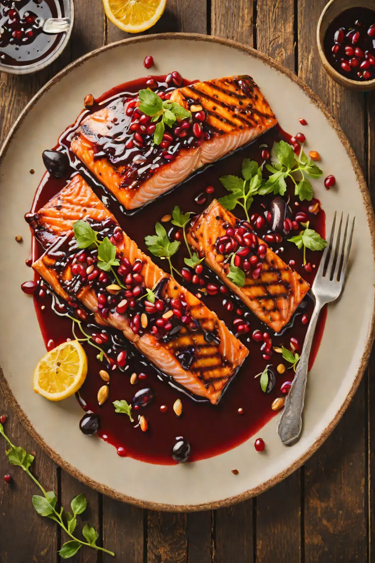 Grilled Salmon with Aubergine and Pomegranate Glaze
