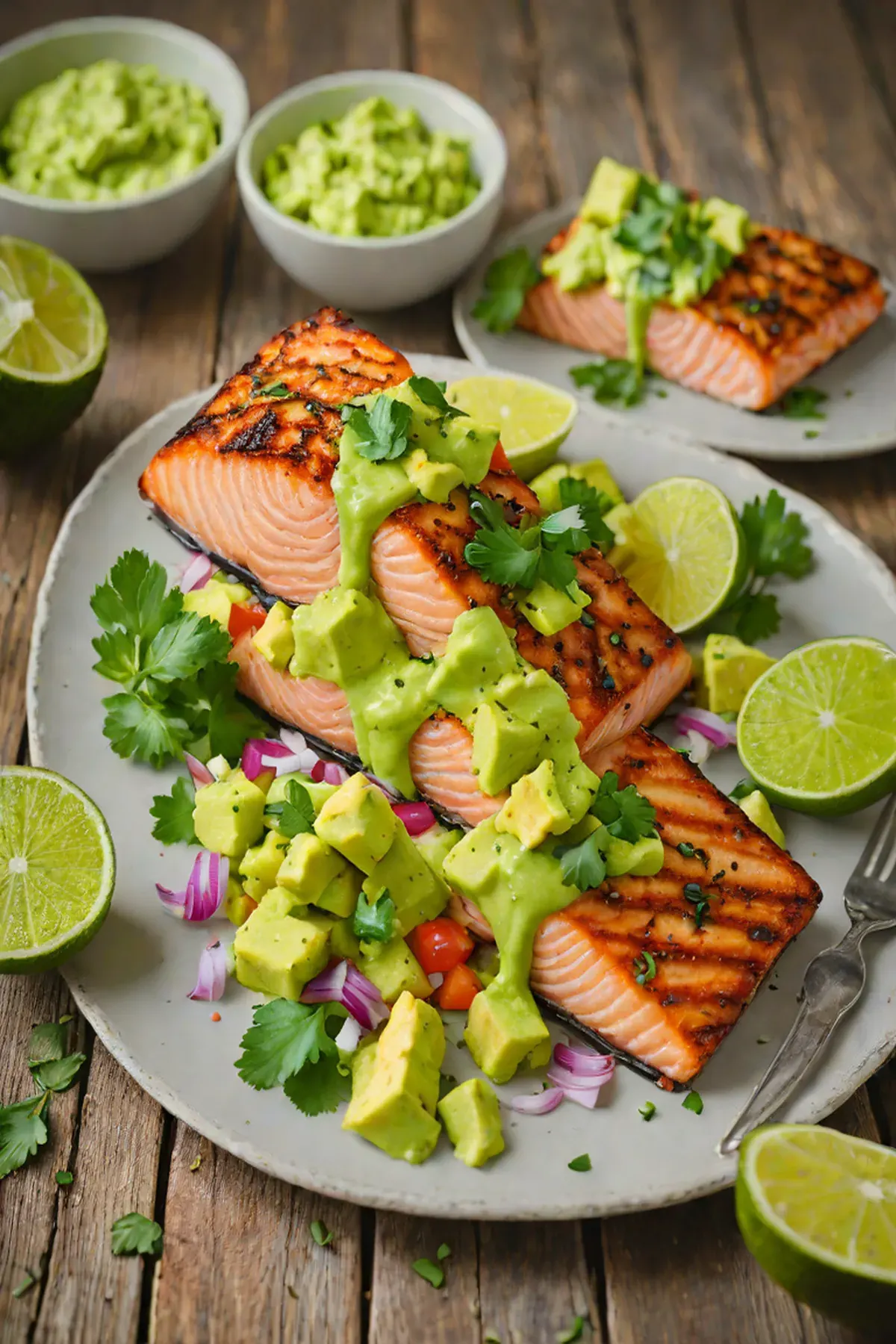 Grilled Salmon with Avocado Cream and Citrus Salsa