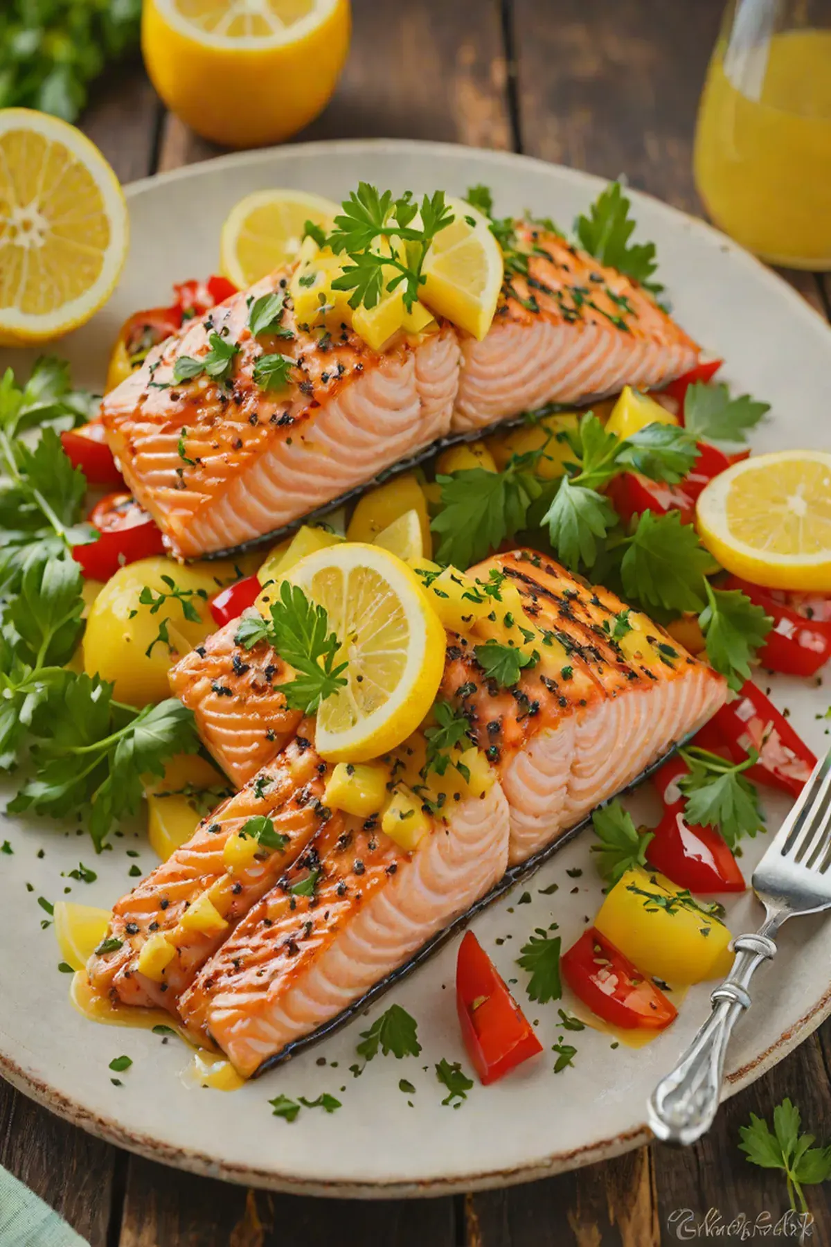 Grilled Salmon with Bell Pepper and Lemon Herb Butter