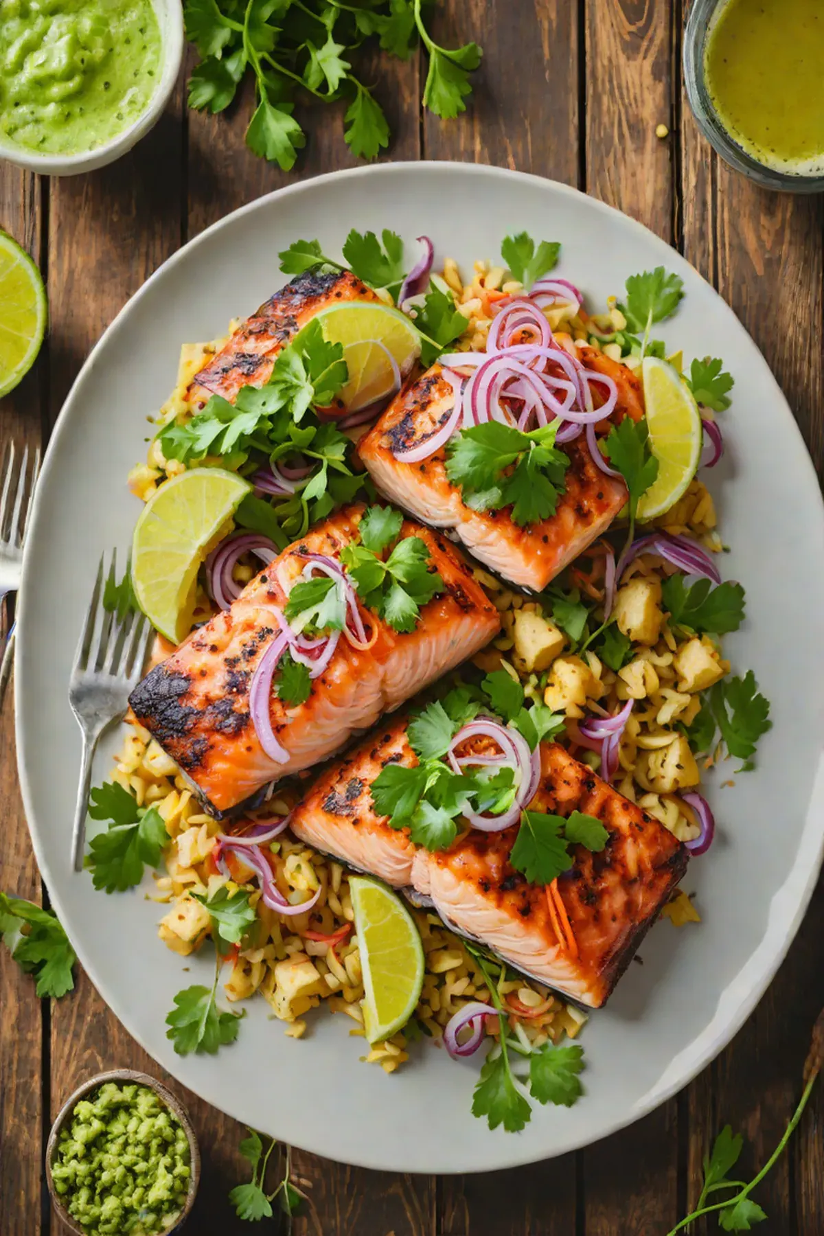 Grilled Salmon with Cassava Root Cakes and Cilantro-Lime Sauce