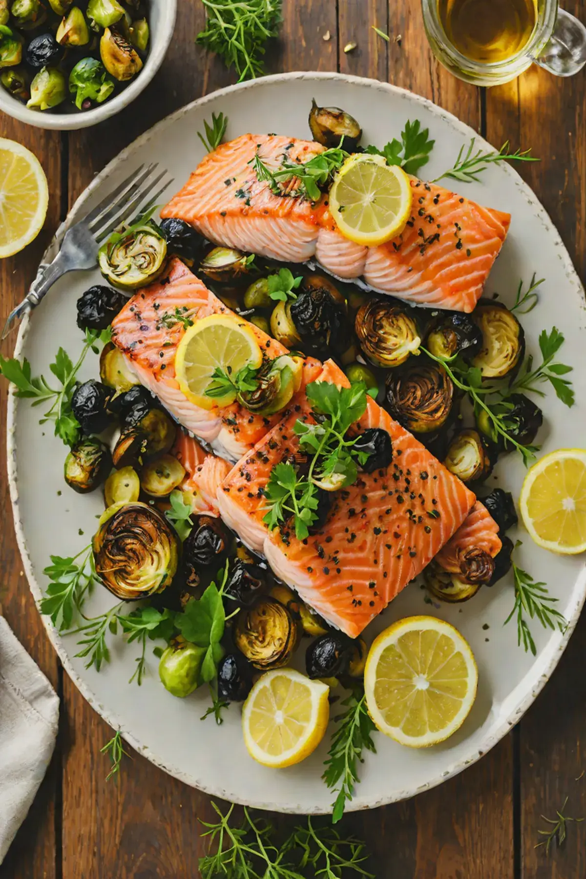 Grilled Salmon with Crispy Brussels Sprouts and Lemon Herb Butter