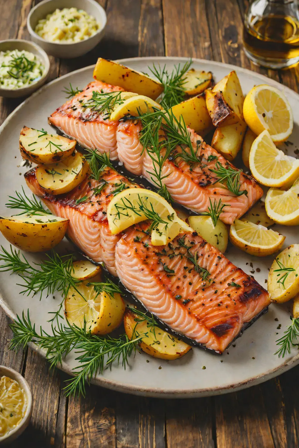 Grilled Salmon with Crispy Herb Potato Wedges