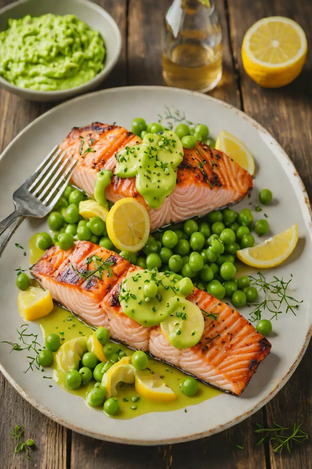Grilled Salmon with Pea and Lemon Butter Sauce