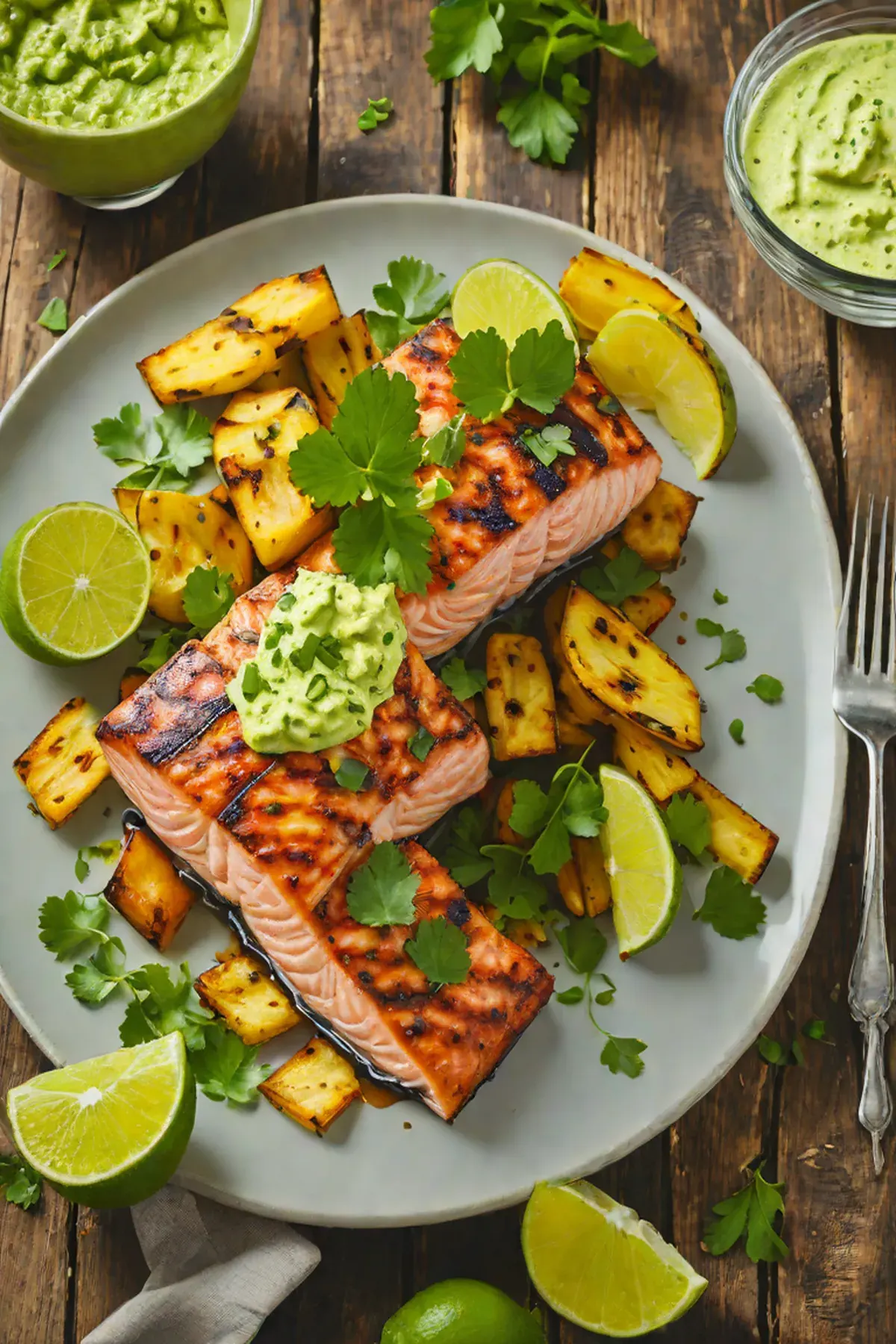 Grilled Salmon with Plantain and Cilantro-Lime Aioli