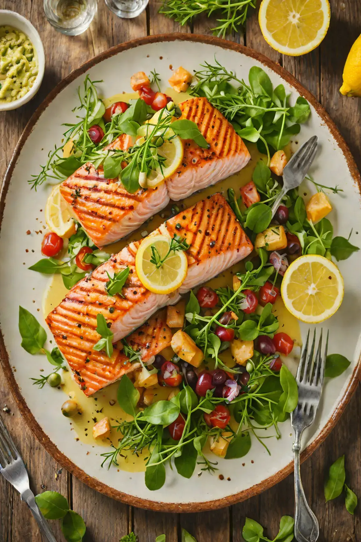 Grilled Salmon with Rocket and Lemon Butter Sauce