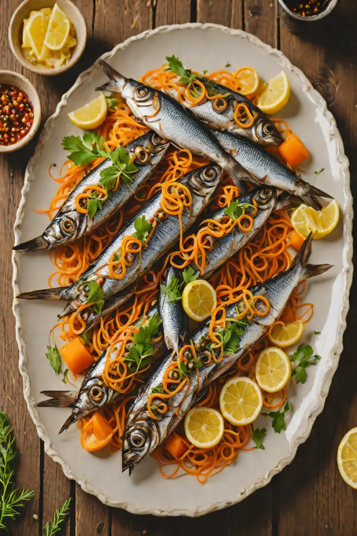 Grilled Sardines with Carrot Ribbons and Citrus Glaze