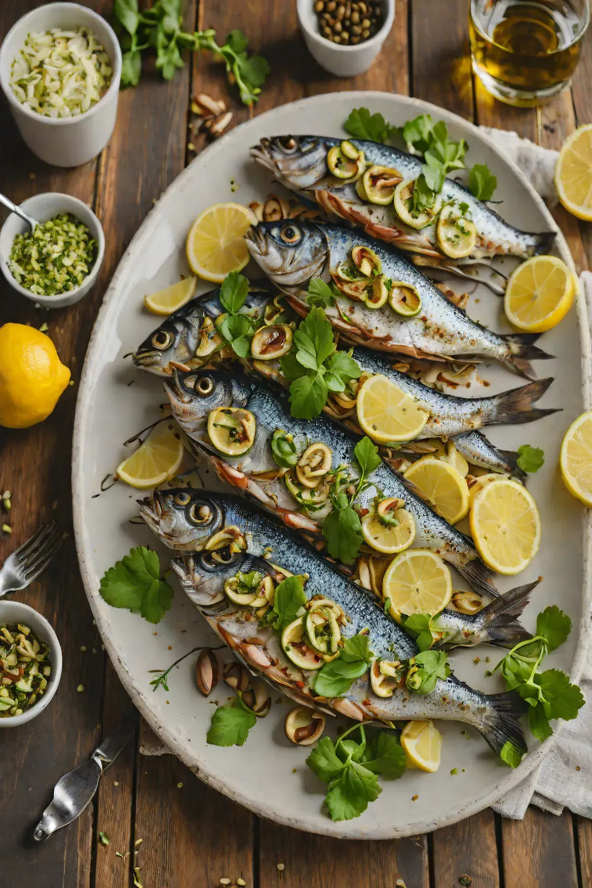 Grilled Sardines with Crispy Brussels Sprouts and Lemon-Herb Drizzle