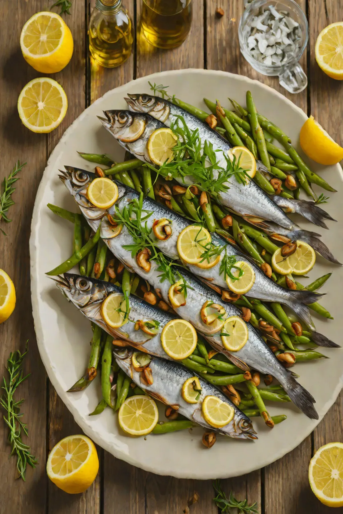 Grilled Sardines with Green Beans and Lemon Herb Sauce