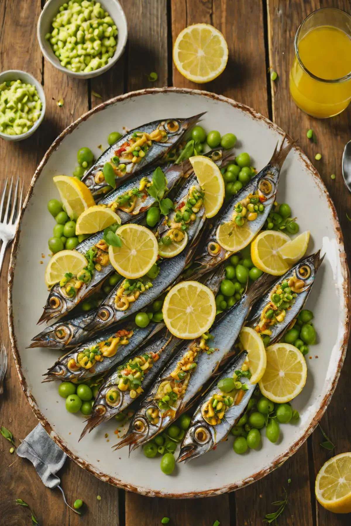 Grilled Sardines with Pea and Lemon Butter Sauce