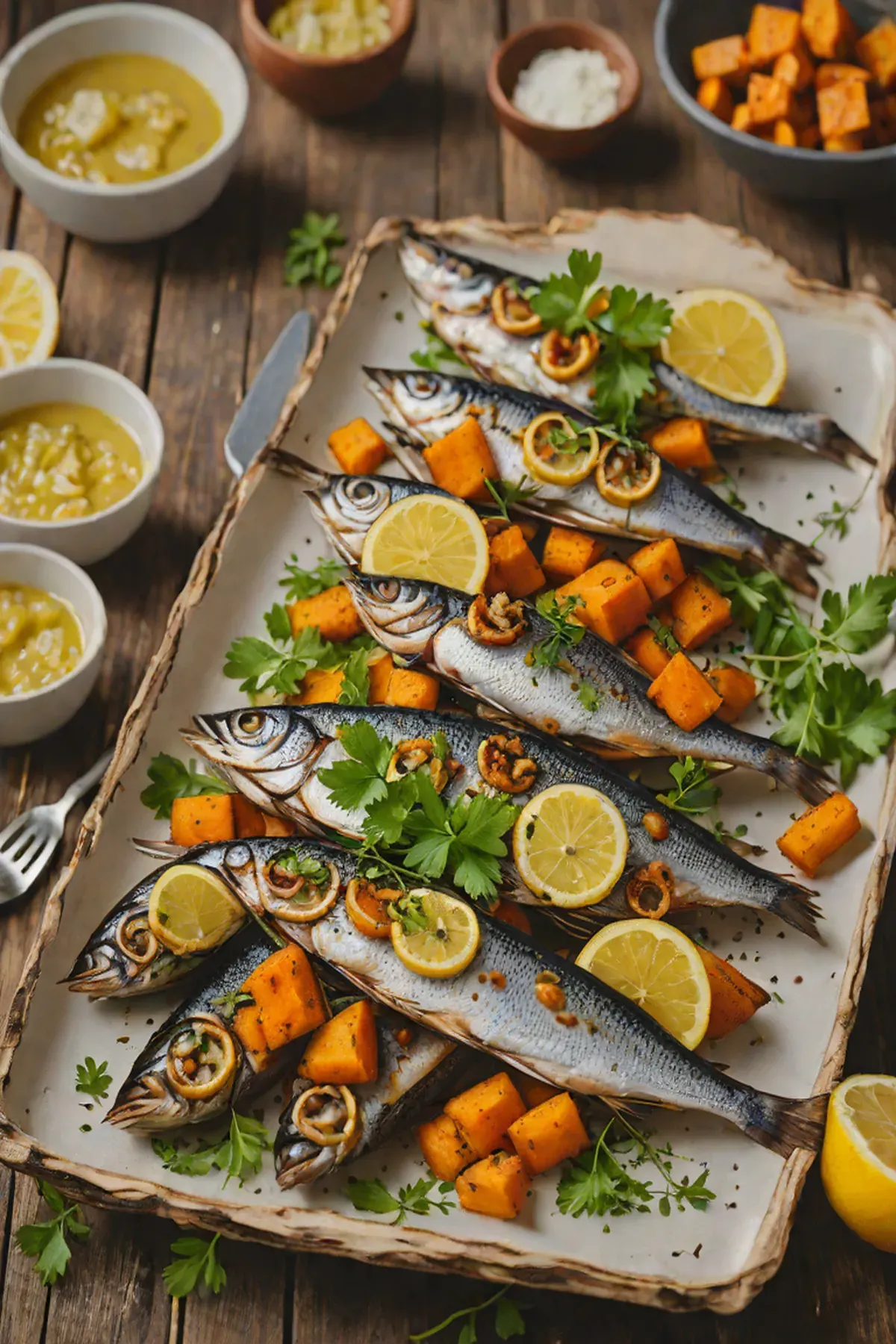 Grilled Sardines with Sweet Potato and Charred Lemon