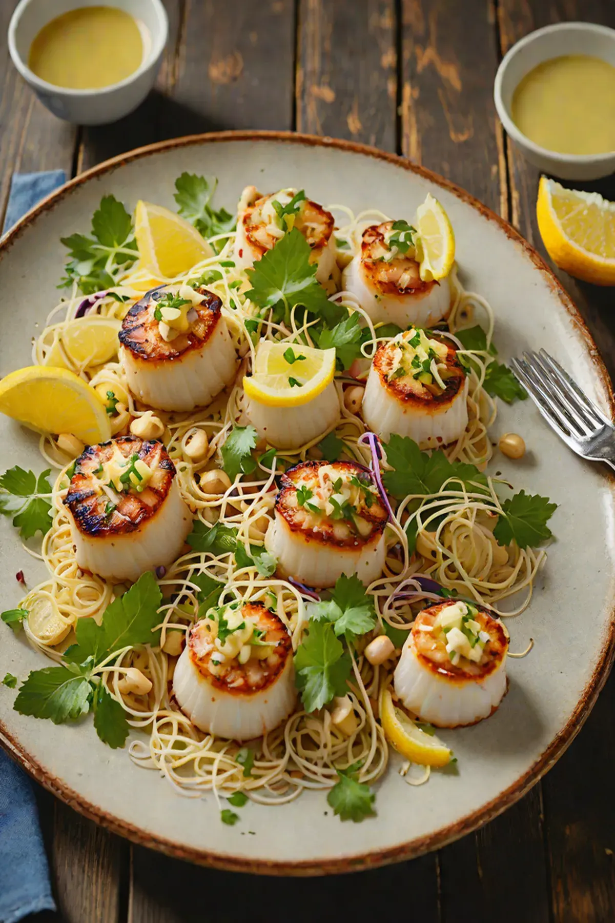 Grilled Scallops with Bean Sprout Salad and Citrus Butter
