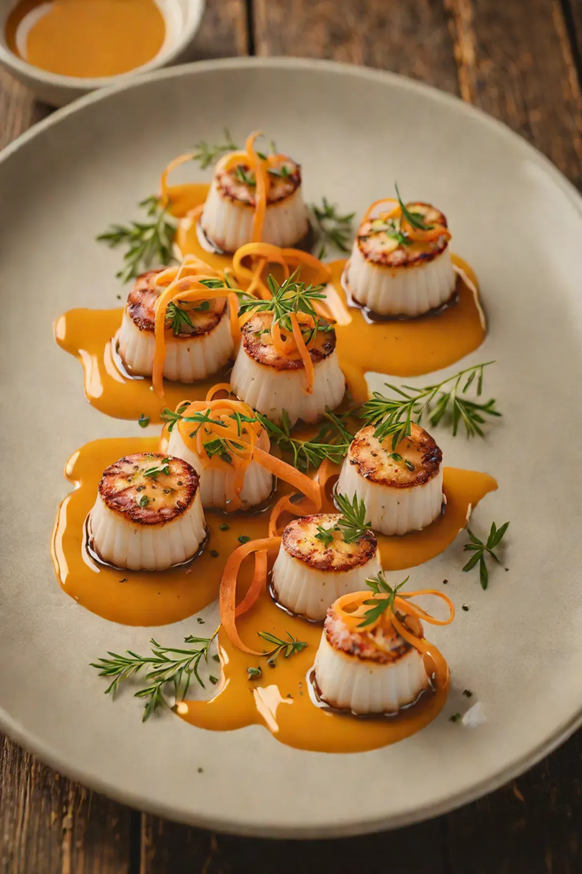 Grilled Scallops with Carrot Puree and Crispy Carrot Ribbons