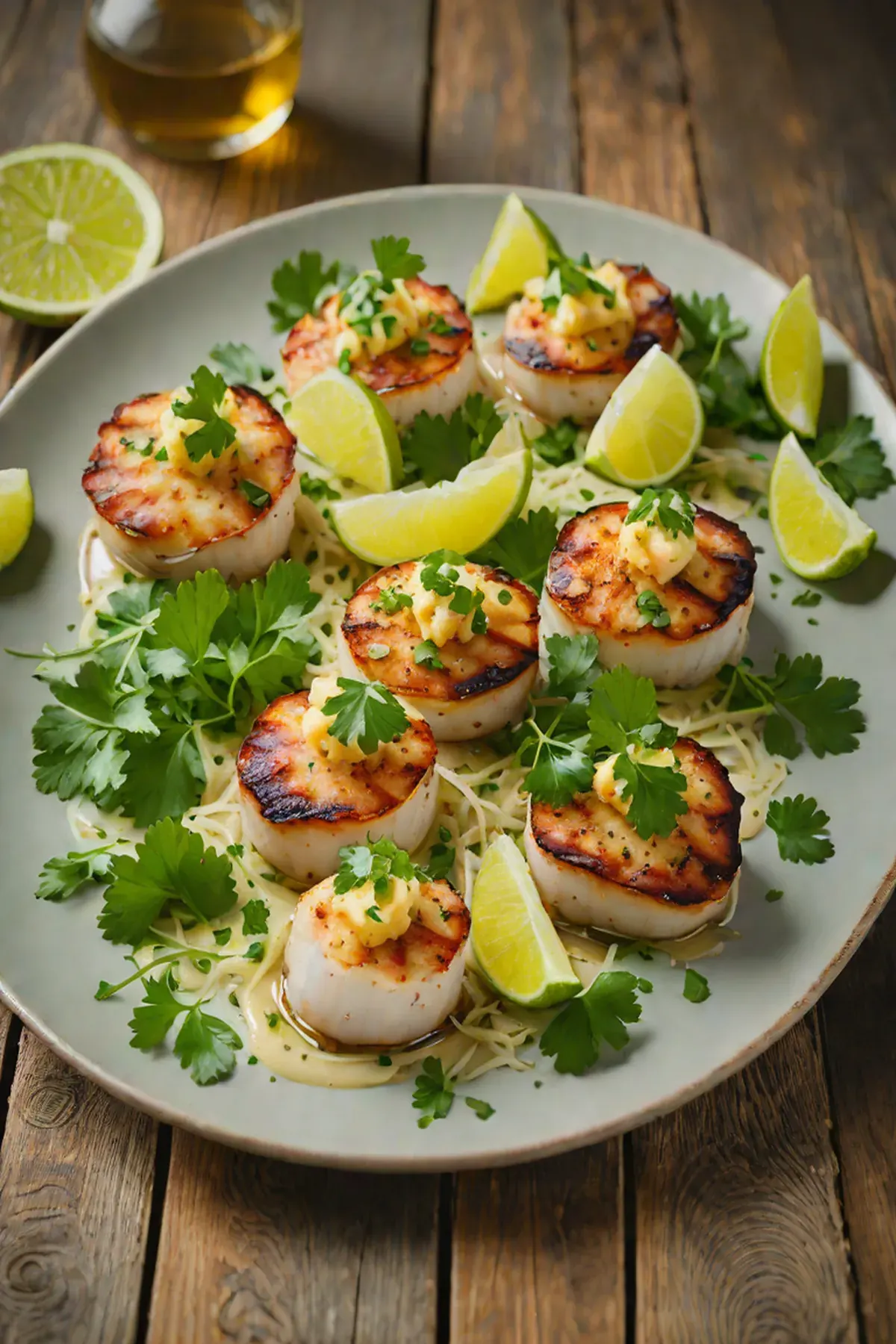 Grilled Scallops with Cassava Root Chips and Cilantro-Lime Butter