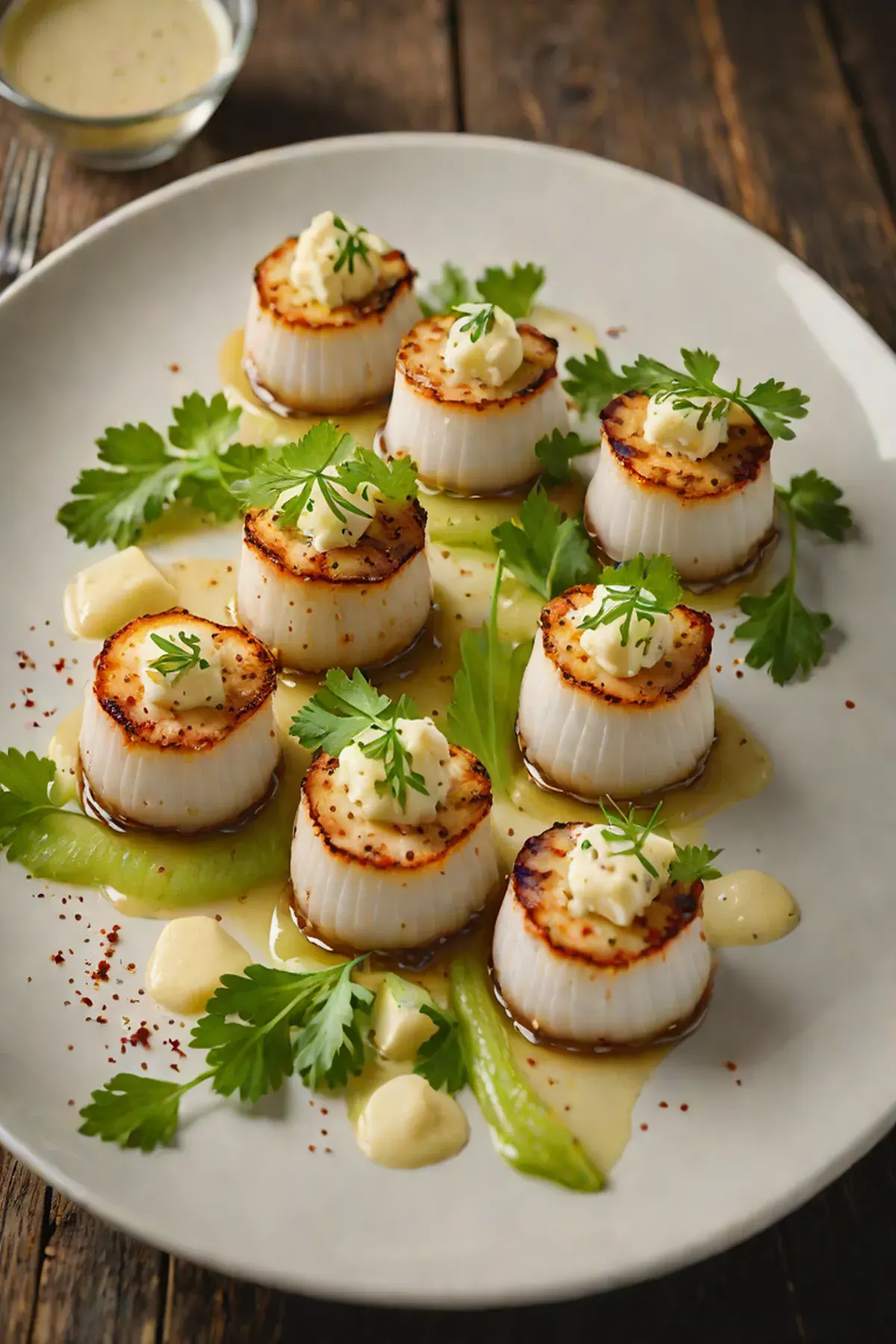 Grilled Scallops with Celery Root Purée and Crispy Celery Leaves