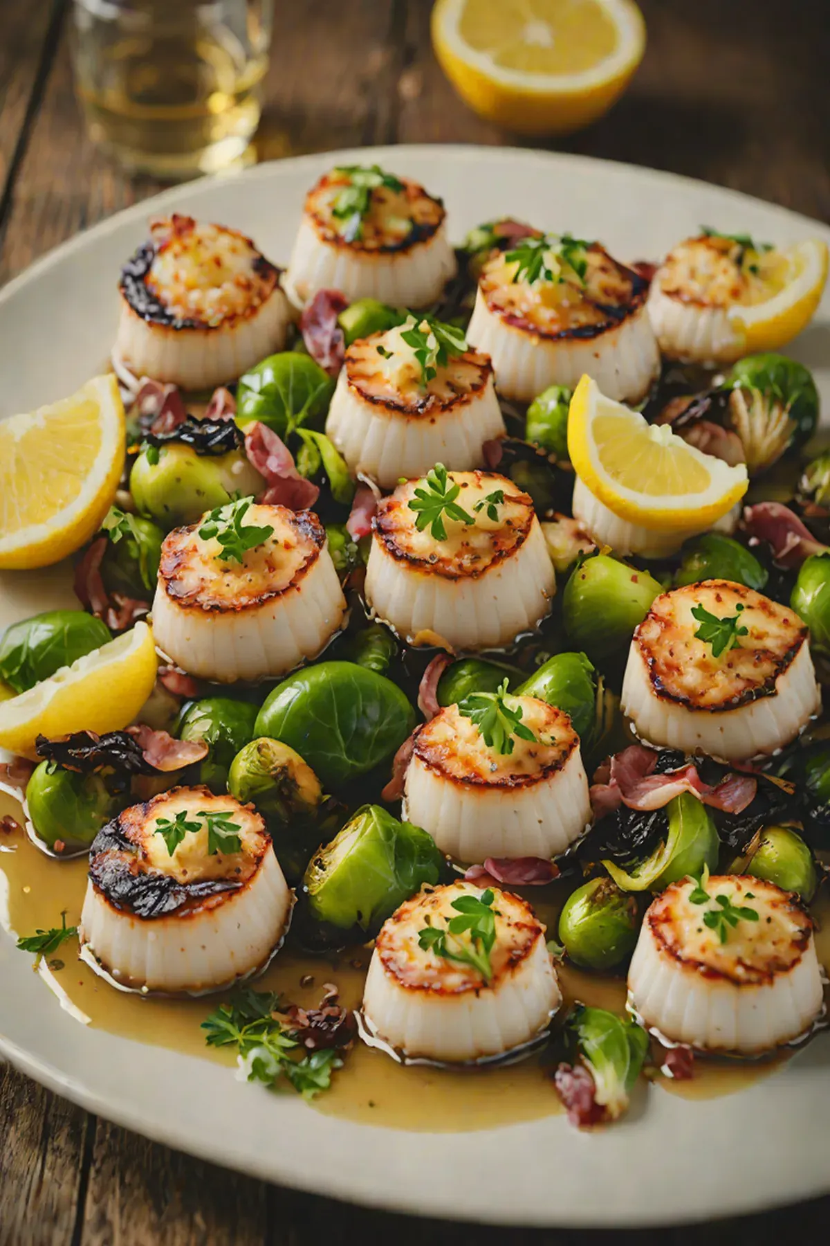 Grilled Scallops with Crispy Brussels Sprouts and Lemon Butter
